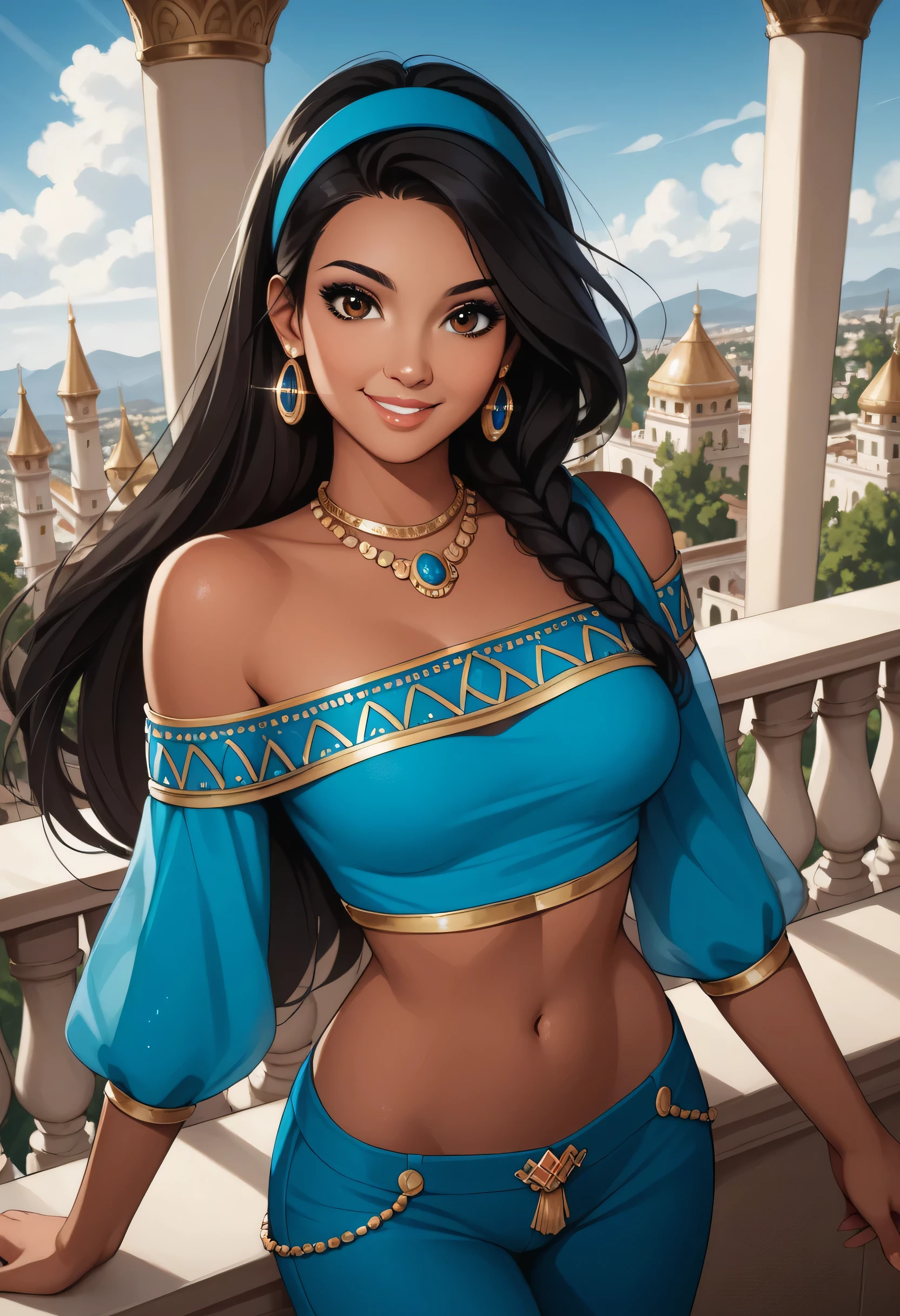 highres, hi res, best quality, masterpiece, DisneyStudioXL, cinematic,,
1girl, medium breasts, (JasmineXL:1.1), long hair, black hair, multi-tied hair, brown eyes, dark skin, makeup, necklace, earrings, hairband, off-shoulder shirt, blue shirt, midriff, blue pants, arabian clothes,
light smile, dutch angle, naughty pose, looking at viewer, vegetation, indoors, palace, sky, clouds, daylight, portrait, dynamic pose, cowboy shot, head tilt, one hand balcony, from above,