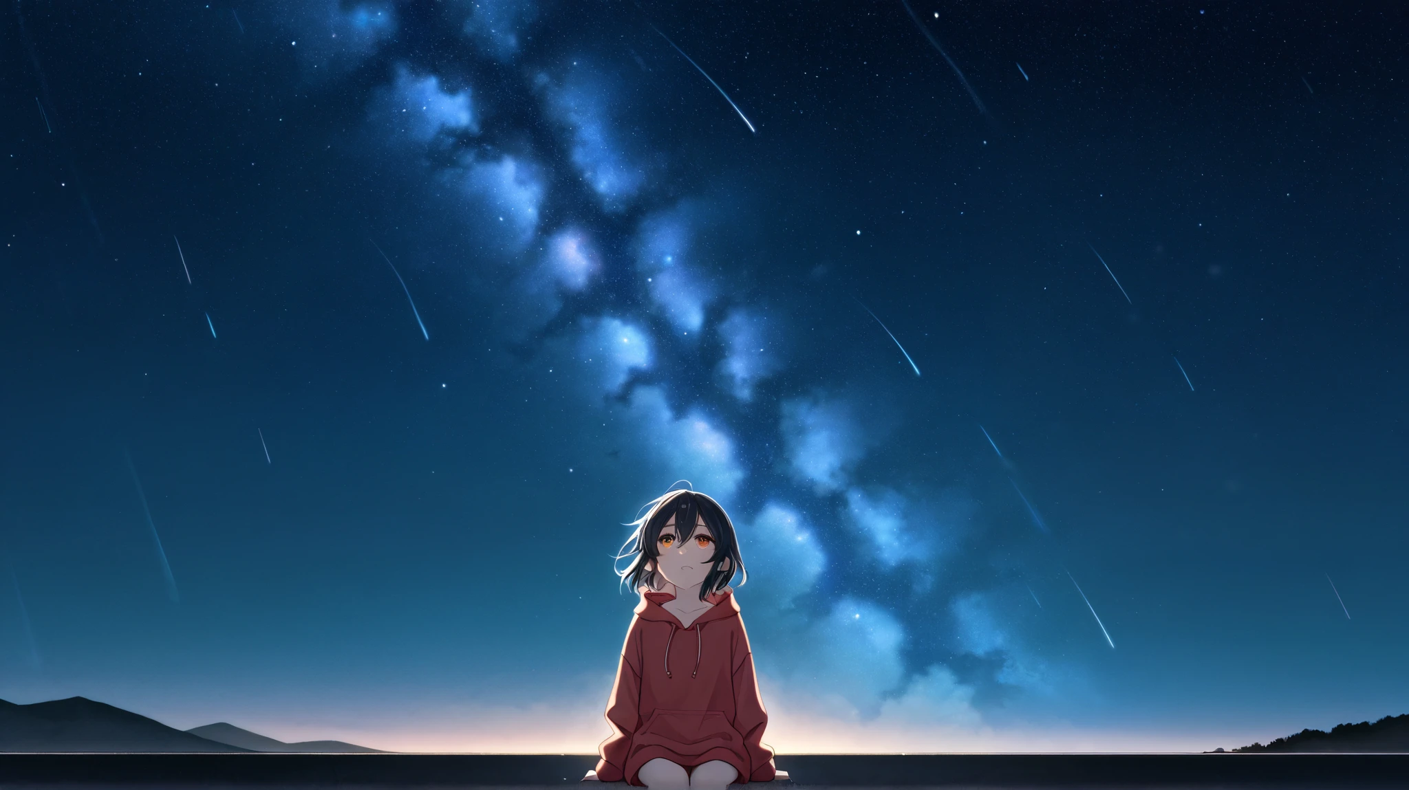 midnight、sit alone on a soft lawn、A cute two-dimensional anime girl looking up at a sky full of stars。It's quiet at night、the cool breeze gently shakes her hair。She's wearing a loose oversized hoodie、the moonlight shines slightly。countless stars shine above her head、the Milky Way spreads out beautifully。Her expression is gentle、like she's thinking about a distant world。cinematic lighting、Fine film grain、a lo-fi anime aesthetic with a warm yet slightly melancholic vibe。