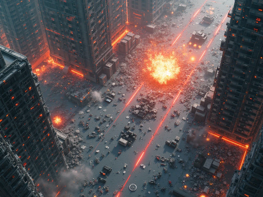 A Cyberpunk Gunfight, war vehicles, anime, aerial view, top angle, destroyed city, laser shots everywhere, explosion everywhere.