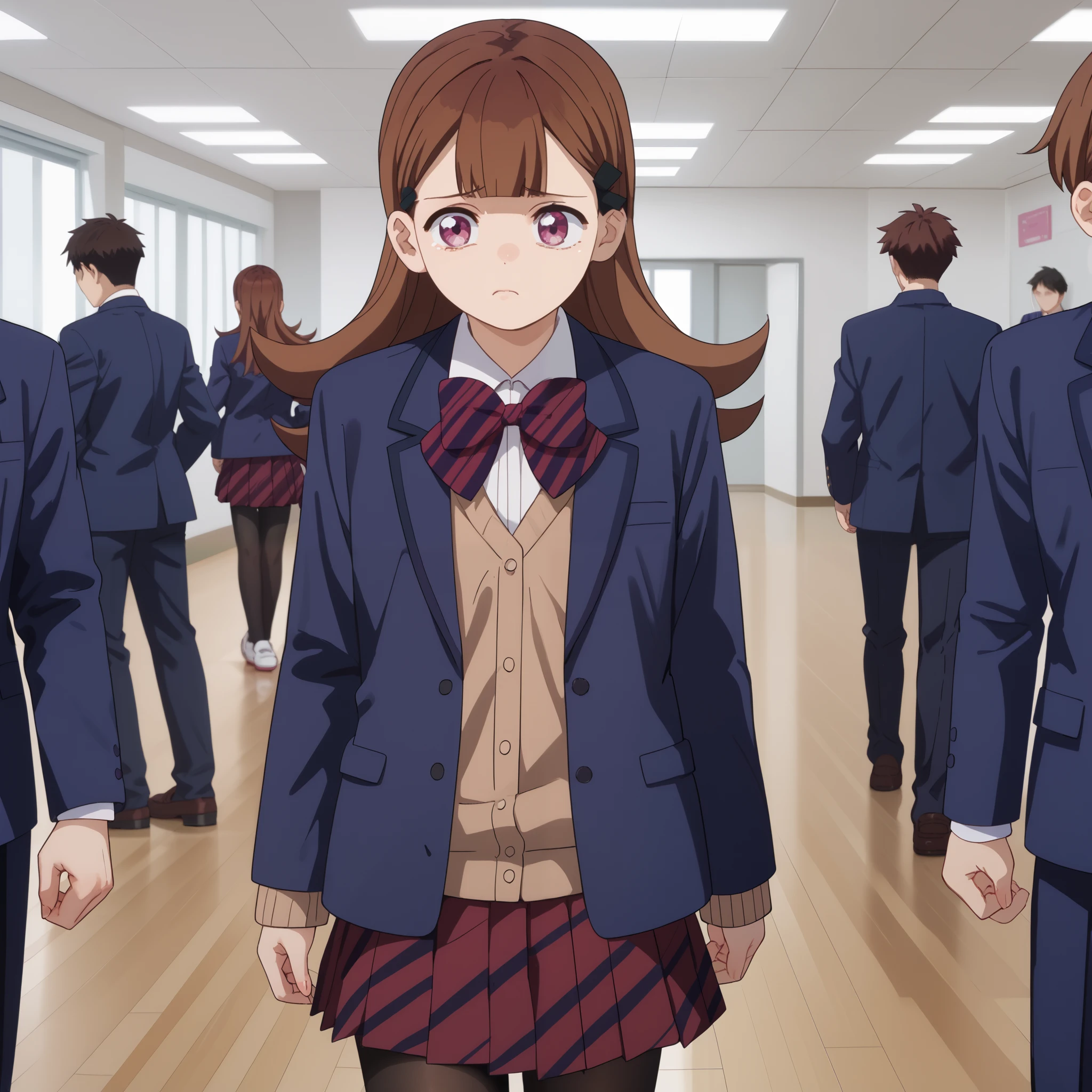 ren yamai, long hair, bangs, brown hair, pink eyes, hair ornament, hair clip, skirt, shirt, long sleeves, bow, school uniform, jacket, white shirt, pantyhose, pleated skirt, striped, collared shirt, bowtie, red skirt, blazer, blue jacket, striped bow, striped bowtie, 1girl, solo, sad, clashroom, walking,