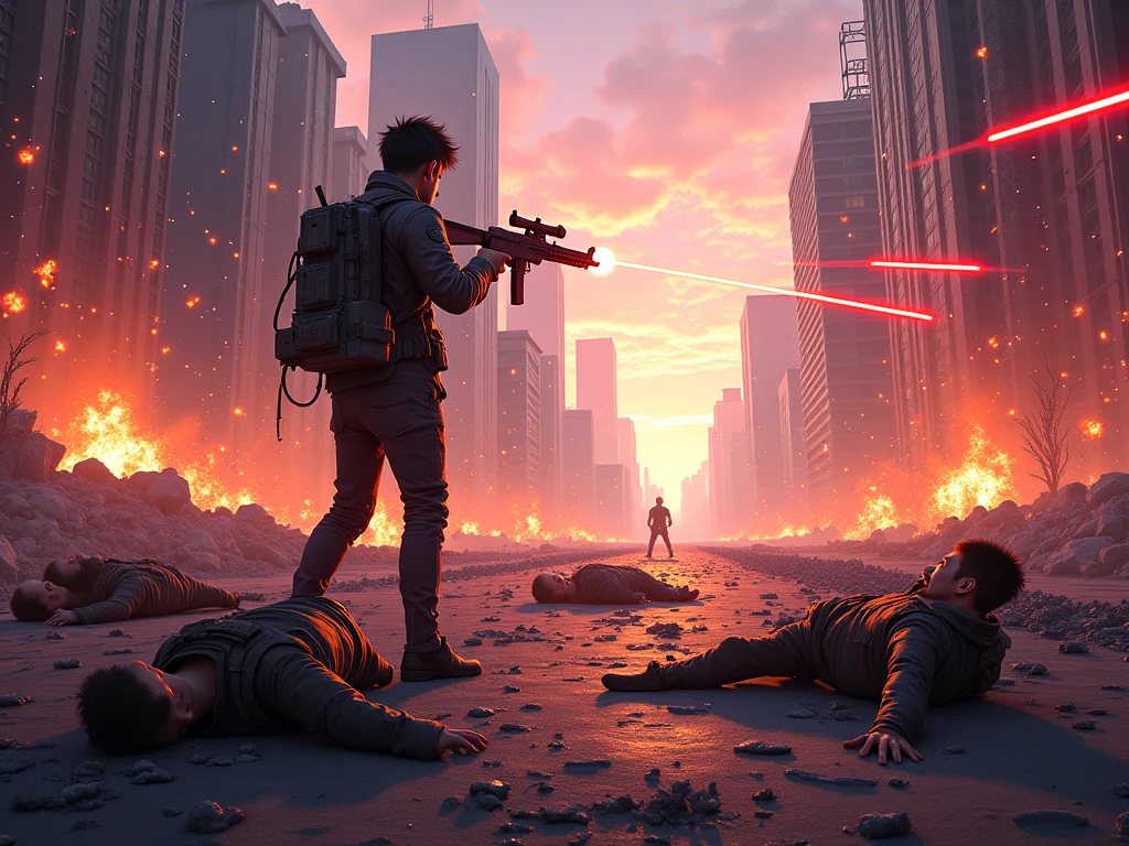 A Cyberpunk Gunfight, war vehicles, anime, aerial view, top angle, destroyed city, laser shots everywhere, explosion everywhere.