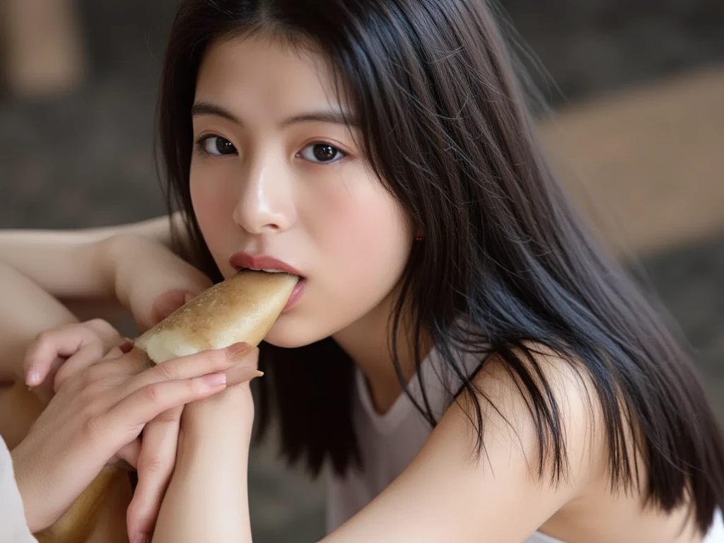 (A woman chews a baguette、Baguette in the mouth、Holding the baguette with both hands)、short-hair、 NOWAI、 light skinned、 disheveled hair、 Sun Super Cute、Transcendently beautiful face、Brown hair、8K resolution、A hyper-realistic、ultra-definition、Toned buttocks、 natta、A cup small breasts((Highest Definition、8K、masterpiece:1.3))、Ultra-fine face、Ultra Fine Lips、Fine eyes、二重まぶた、Black see-through:1.1
