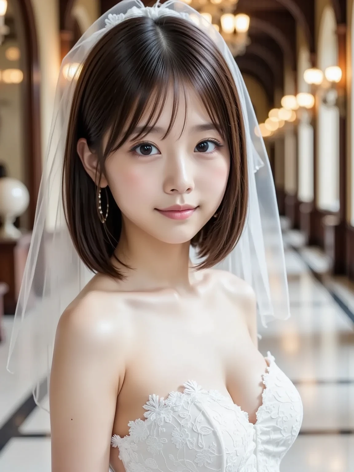 (highest quality:1.5)、(Realistic:1.5)、(1 person:1.5)、(Upper Body:1.5)、Very detailed、High resolution、8k wallpaper、、Small breasts、Natural color lips、Cute Smile、Japanese women、20-year-old girl、Beautiful and elegant face、Perfect and beautiful face、Big eyes、Brunette's eyes、Beautiful and elegant face、Perfect and beautiful double eyelids、Natural Bangs、Beautiful thin nose、Beautiful Skin、Chestnut Hair、Medium Bob Hair、Shortcuts、Natural Bangs、Perfect and beautiful face、Slim face and figure、(Looking at the camera)、Bright lighting、Professional Lighting、Forward lighting、Natural smile、church、Princess line wedding dress、tiara、Beautiful cleavage、