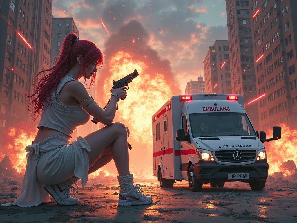A Cyberpunk Gunfight, war vehicles, anime, aerial view, top angle, destroyed city, laser shots everywhere, explosion everywhere.