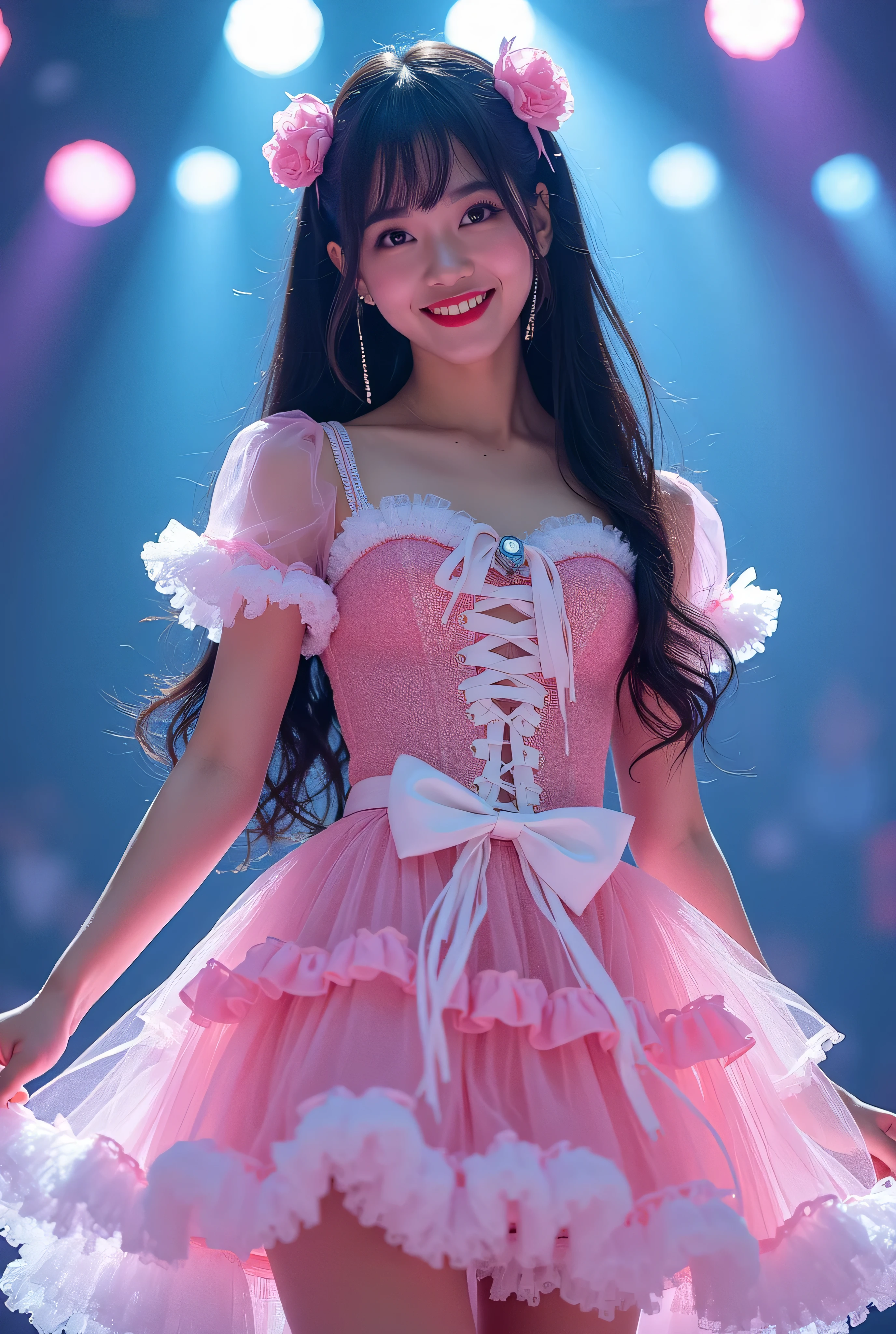 Create a highly detailed, realistic image of a young woman with long, dark hair styled with two small pink bows on either side. She is wearing a vibrant and transparent shinning glossy pink short dress that has a layered, frilly design with white ruffled edges on the sleeves and neckline. The dress has intricate lace-up details on the front, with white ribbons crisscrossing over the bodice. A large, white bow is tied around her waist, and the skirt is layered with multiple ruffles, alternating between white and pink frills. The upper part of the dress has a mix of white and blue accents, especially around the shoulders, giving it a lively, idol-like appearance. The girl’s expression is cheerful and playful, with a radiant smile, captured both in performance and posing with a slightly pensive look. Ensure that her outfit appears shiny and glossy, reflecting stage lights, and incorporate a vivid, performance-like atmosphere in the background. Some Lights shooting around, she hold microphone, head thighs portrait, show sexy leg, 1girl