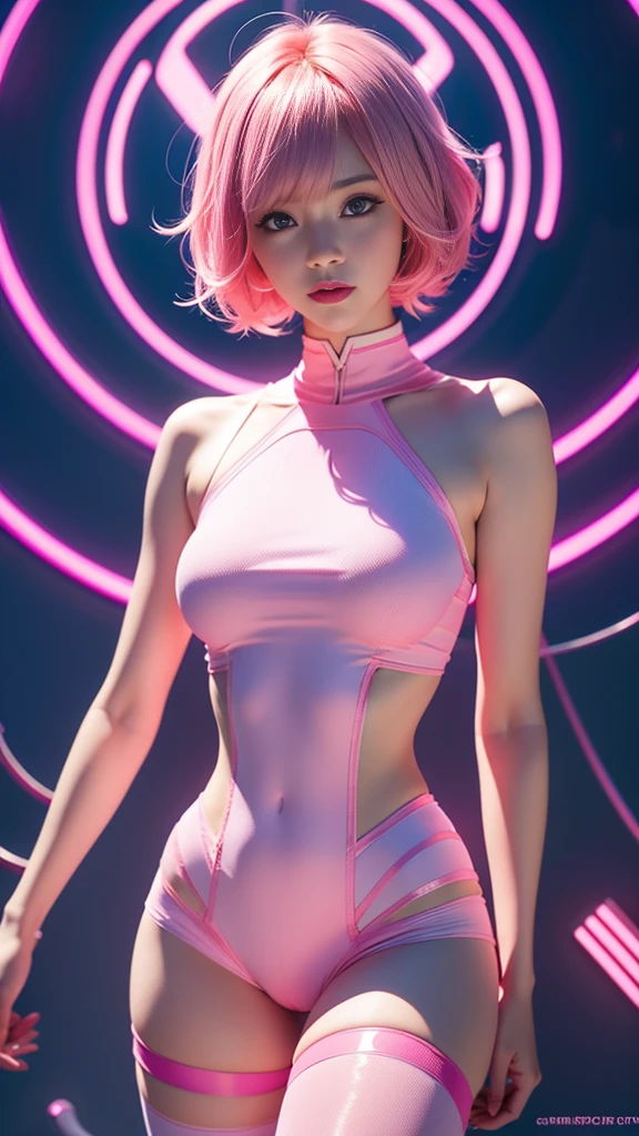 Create an image of a futuristic woman beautiful belly breast , c cup breasts , pink short hair , wearing a sleek, white bodysuit with glowing accents, standing confidently against a minimalist background. The design of the suit should emphasize a high-tech, cyberpunk aesthetic with clean lines and subtle technological details , light soft effect
