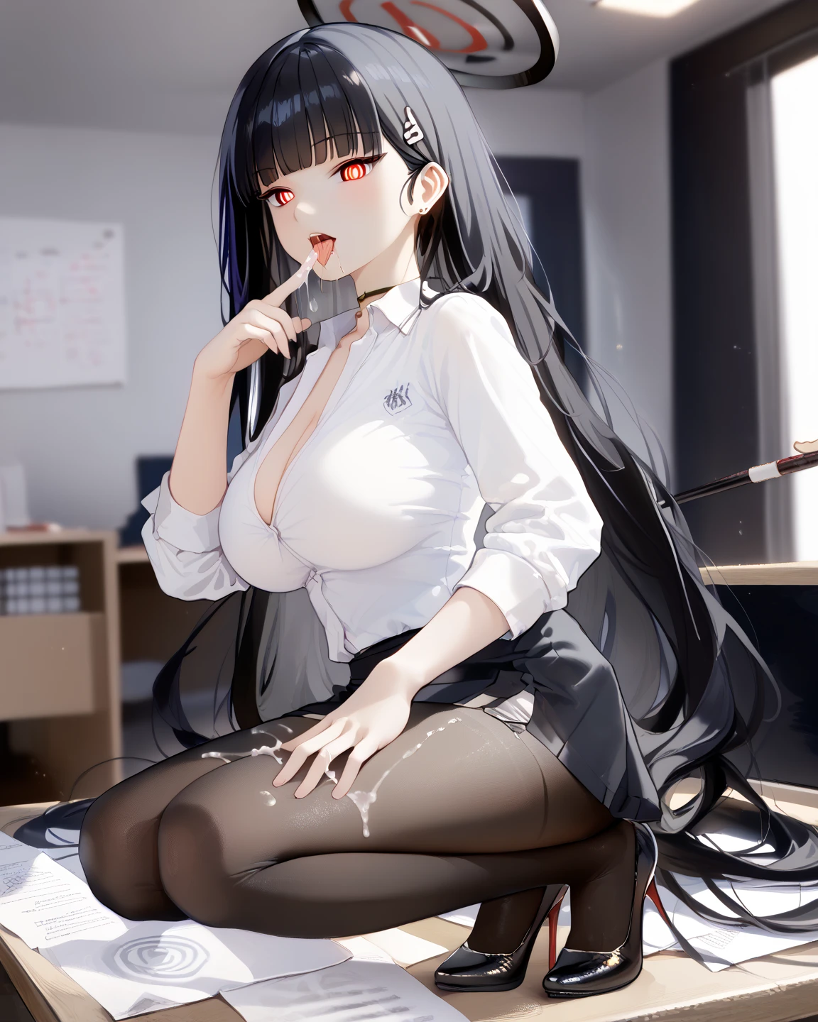 nsfw, (Butt sticking out pose), dogeza, semen overflow, anal expanded, used condom on butt, dark cum in pussy, milf, tits, cosplay, tease, tight skirt, cum on face, ahegao, dark semen, used condom on butt, cum on wear, black hair, cum on hair, charm, public, mind broken