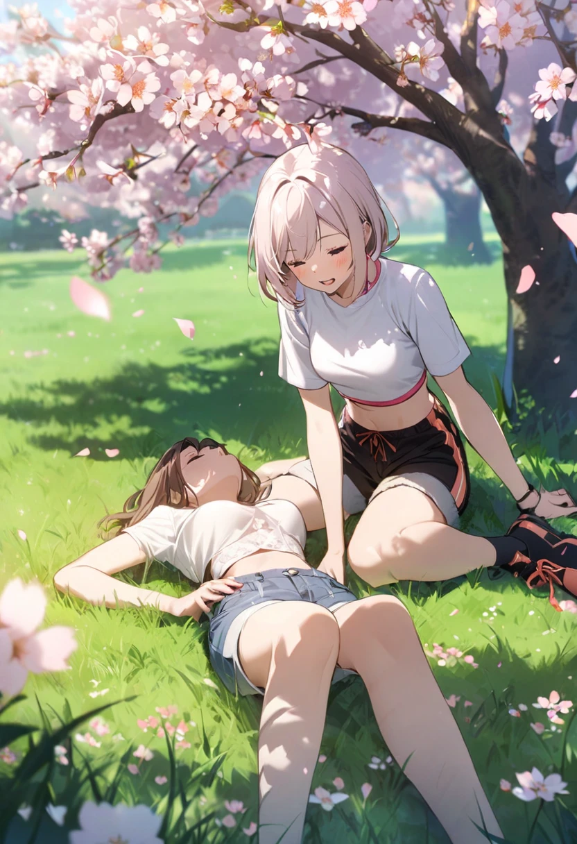 masterpiece、highest quality、2 girls、、、slim、Flat Chest、(Exposing her perfect naked body:1.2)、Sitting by a forest lake、picnic、lunch、smile、summer、warm、Soft Light、bright、post impressionism、Watercolor、((vaginal penis)、((2girls cowgirl position sex))、((1 The woman lies on her back.))