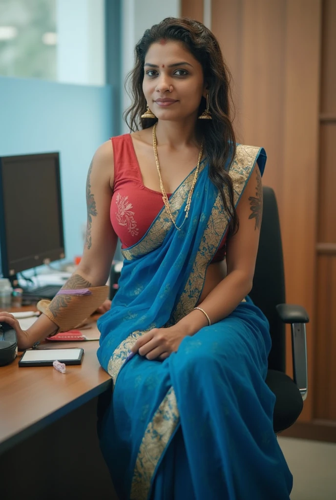 Milf Sudha Murthy, beautiful detailed eyes, female protagonist, Indian ethnicity, watching porn at computer, breaking gender stereotypes, wearing a indian attire, sexy expression, sitting, vibrant colors, bright lighting, high-resolution rendering, realistic illustrations, 