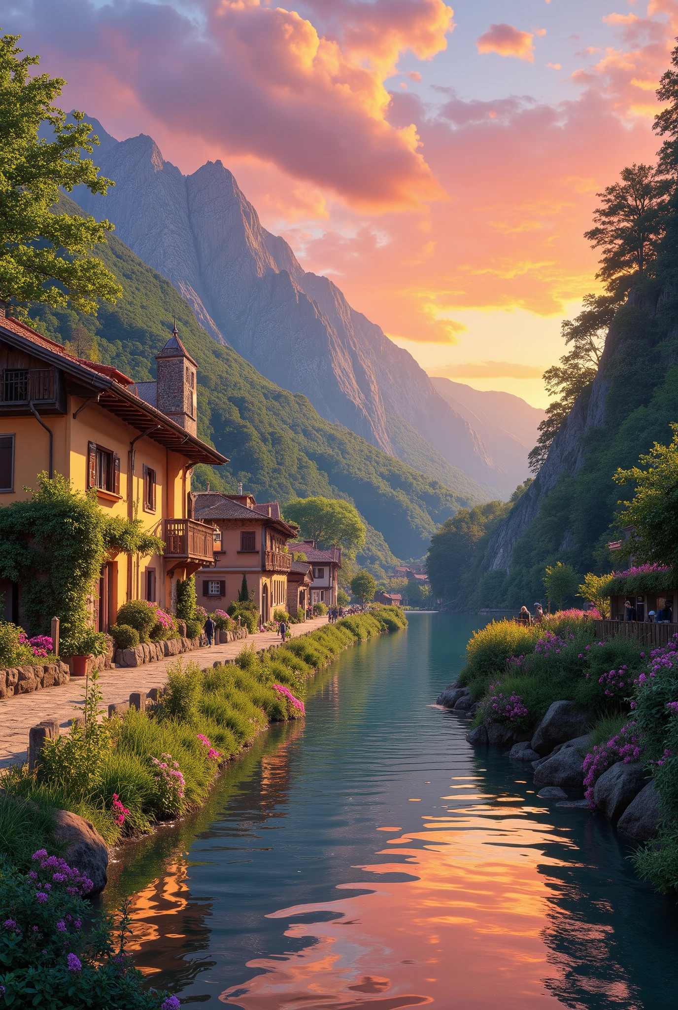 a small village by the river, mountains in the background, floral flowers colorful, detailed landscape, Beautiful natural landscapes, atmospheric lighting, scorching sunset, warm colours, practical, photopractical, Detailed Foliage, complex buildings, cobblestone street, Charming country house, swirly vibrant colors, lush vegetation, Still water reflections, Picturesque, idyllic, work of art, best qualityer, 8k, extremely detaild,anime styling