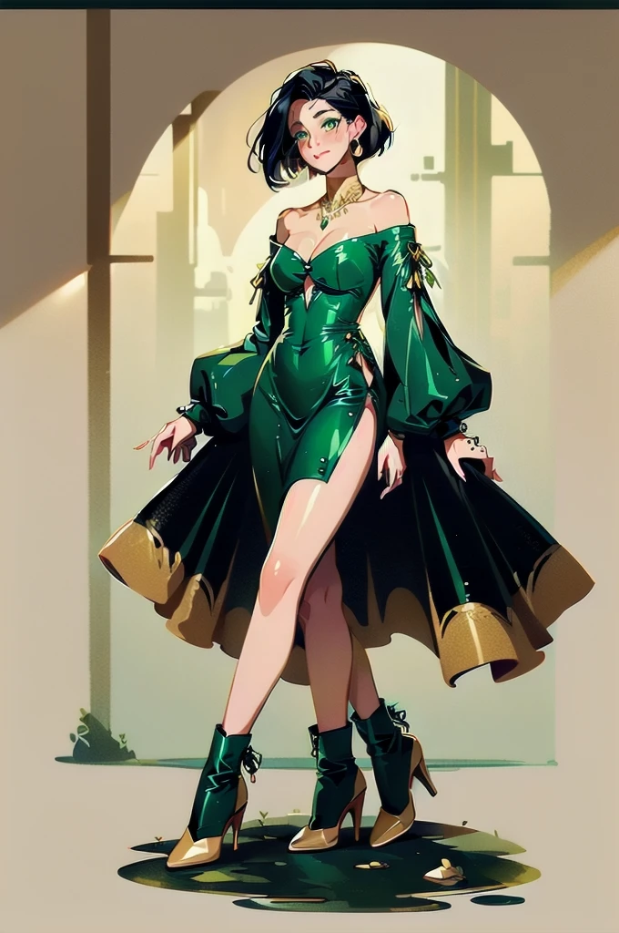 The striking giantess, dressed in a tight green dress, with flowing black hair and deep brown eyes, strides through a futuristic landscape. Her towering form crushes everything beneath her feet, leaving a trail of destruction in her wake. She gazes at the tiny people scurrying at her heels, her eyes filled with a mix of amusement and contempt. Her sultry voice taunts them about their helplessness, her voluptuous figure exuding an aura of raw power and sensuality. Giantess, Goddess, sexy legs, heels, hot, curvy body, mommy issues, small town, small people, tiny people, macrophilia, perspective from below, high quality, almost naked, mature woman, dominant.