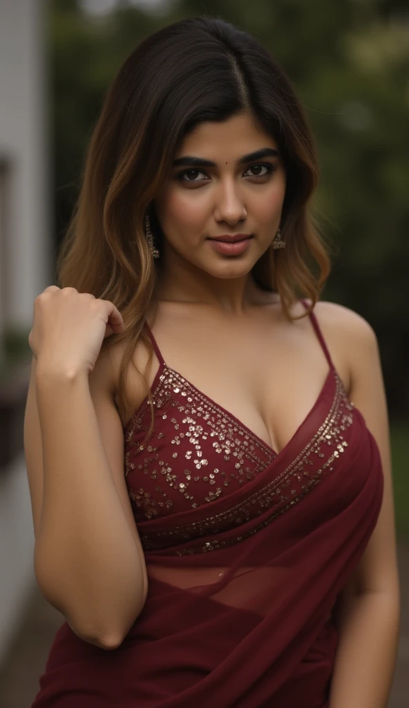 Ketika sharma in sexy red saree and bikini blouse showing cleavage,(milf),((marathi woman)),((35 year old)),night time, no light,without flash ,photo,(upper body photo), ((showing cleavage and navel in bikini blouse and saree)),milf,mouth open, no make up, raw photo(, Sexy BODY SHOT,(((Closeup body bustshot))), sexy,(((ultrarealistic skin))),Realistic still of a nude woman,highly detailed face and body,(( seducing)),((ketika sharma)),((free long shaggy messy hair being hold by viewer)) after waking up from bed, beautiful eyes ,emotional, harmonious, vignette, 4k epic detailed, shot on samsung galaxy s23 gear, 35mm photo, sharp focus, high budget, epic, gorgeous, film grain, no makeup,free shaggy hair,grainy, (Raw photo:1.1), ((Full body Portrait)), , (intricate details, masterpiece, best quality:1.4) , looking at viewer, outdoors, day, highly detailed face, ((shraddha kapoor)), beautiful eyes, cute, enchanted, magic, stunning, intricate, elegant, highly determined, colorful