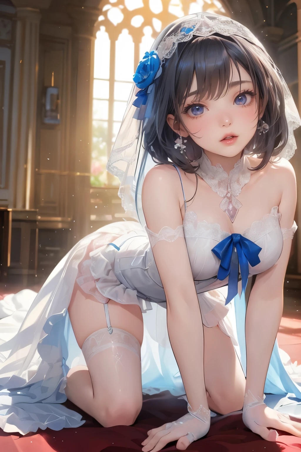 highest quality,masterpiece,8k,((((1girl)))),small breasts,orgasm,blush,sweat,fuuma_tokiko,(,,bob cut,small breasts, short hair,wavy hair:1.5),black hair,long hair,((((wedding dress,mini skirt:1.3)))),((lift skirt,upskirt,white panties,white thighhighs:1.1))