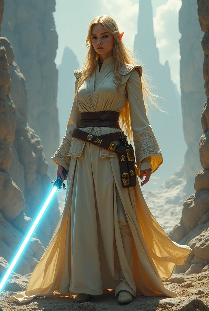 ((whole body)) ((Visible knees)) ((visible hands)) A photorealistic photograph of a full-length body, side view, high, YOUNG, 20 years, blonde woman, Super model, fitness model standing in a meadow wearing a ((White, beige and brown inspired Jedi cosplay costume)) . The woman has a beautiful, toned, body. The image is realistic., Very detailed. Very high resolution, 8k rendering, Evening illumination with sunset and red horizon. The lighting is perfect, the scene is clear, extreme realism, cinematographic image. Hyper detailed face, beautiful piercing eyes, Adriana Grande's double, long hair fluttering in the wind, seductive suit