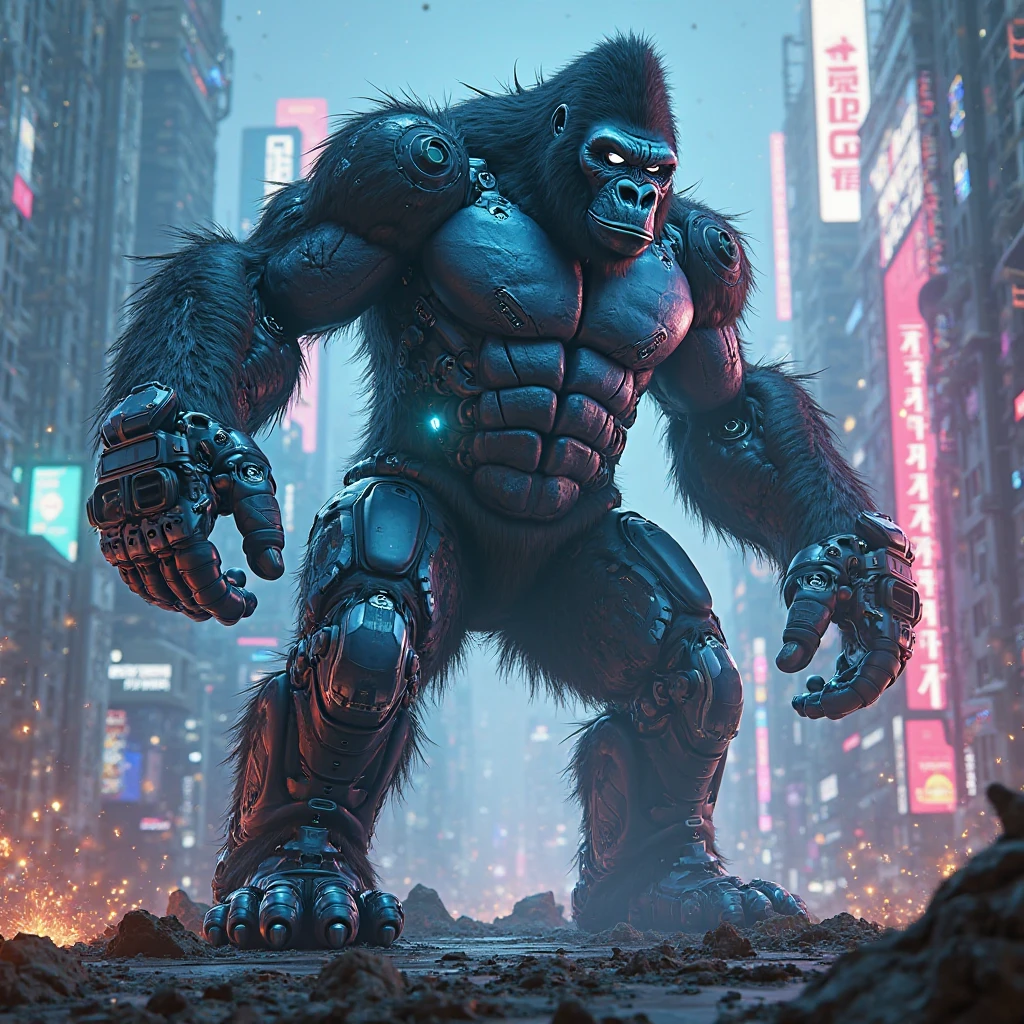King kong anger looking with RoboCop costume with helmet glowing led lights in cyberpunk scenery with blue and pink colours
