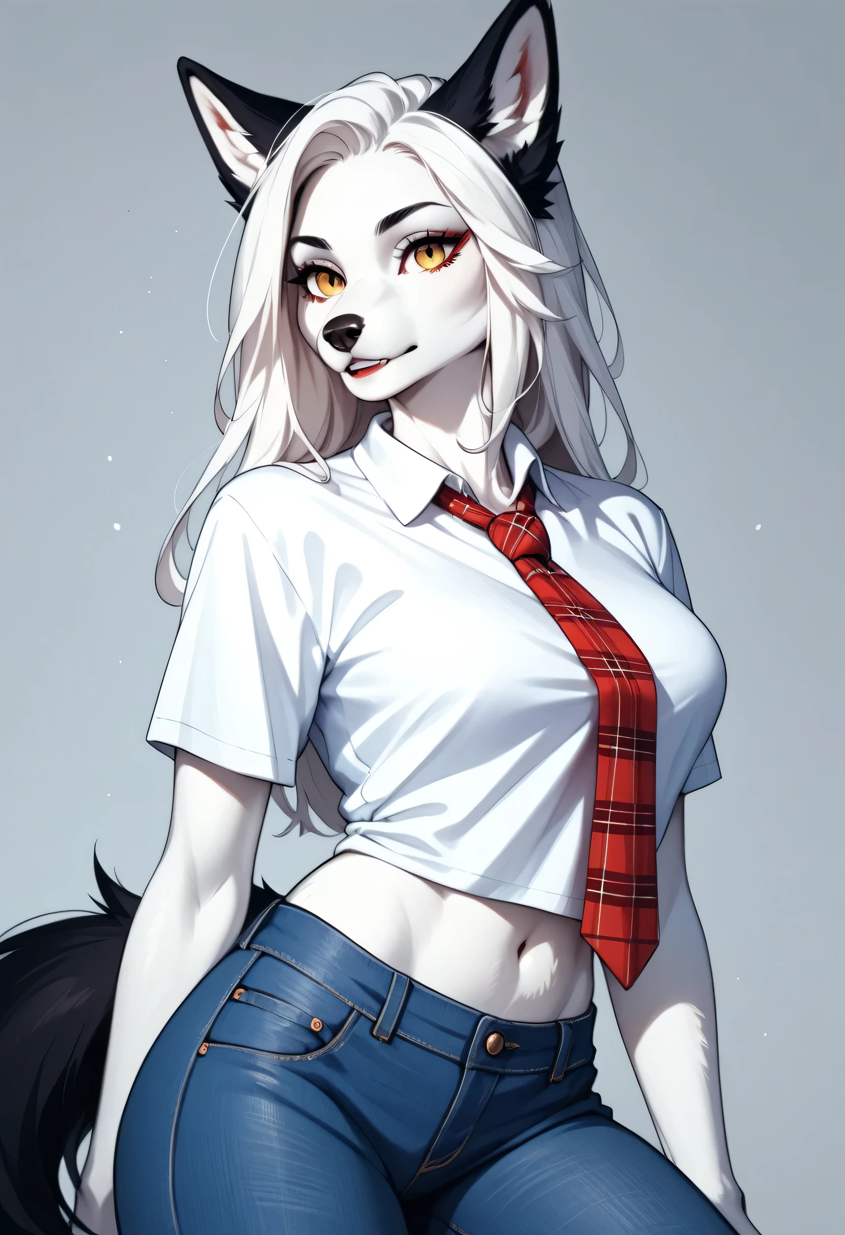 Furry anthro furry wolf girl with white hair, black ears, white skin, golden eyes, red tie , red and white plaid t-shirt and blue jeans