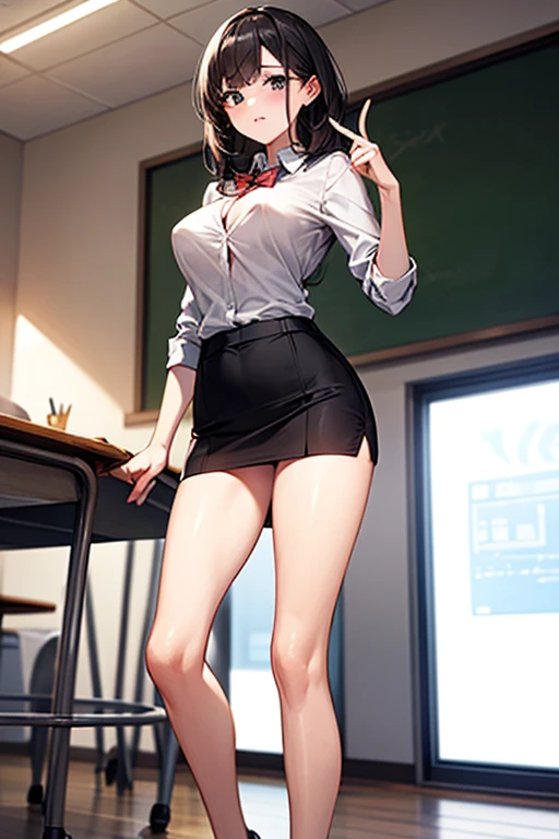 A very beautiful brunet, sexy woman,(bad face:1.7, angry), wearing a sexy button-up shirt white, cleavage, cropped, medium breast, pantyhose sexy, red checkered micro skirt, very gorgeous body, sexy pose, sitting, in the classroom, spreading legs, green sexy eyes, eyeglasses, lipstick, eyelash, full body view.