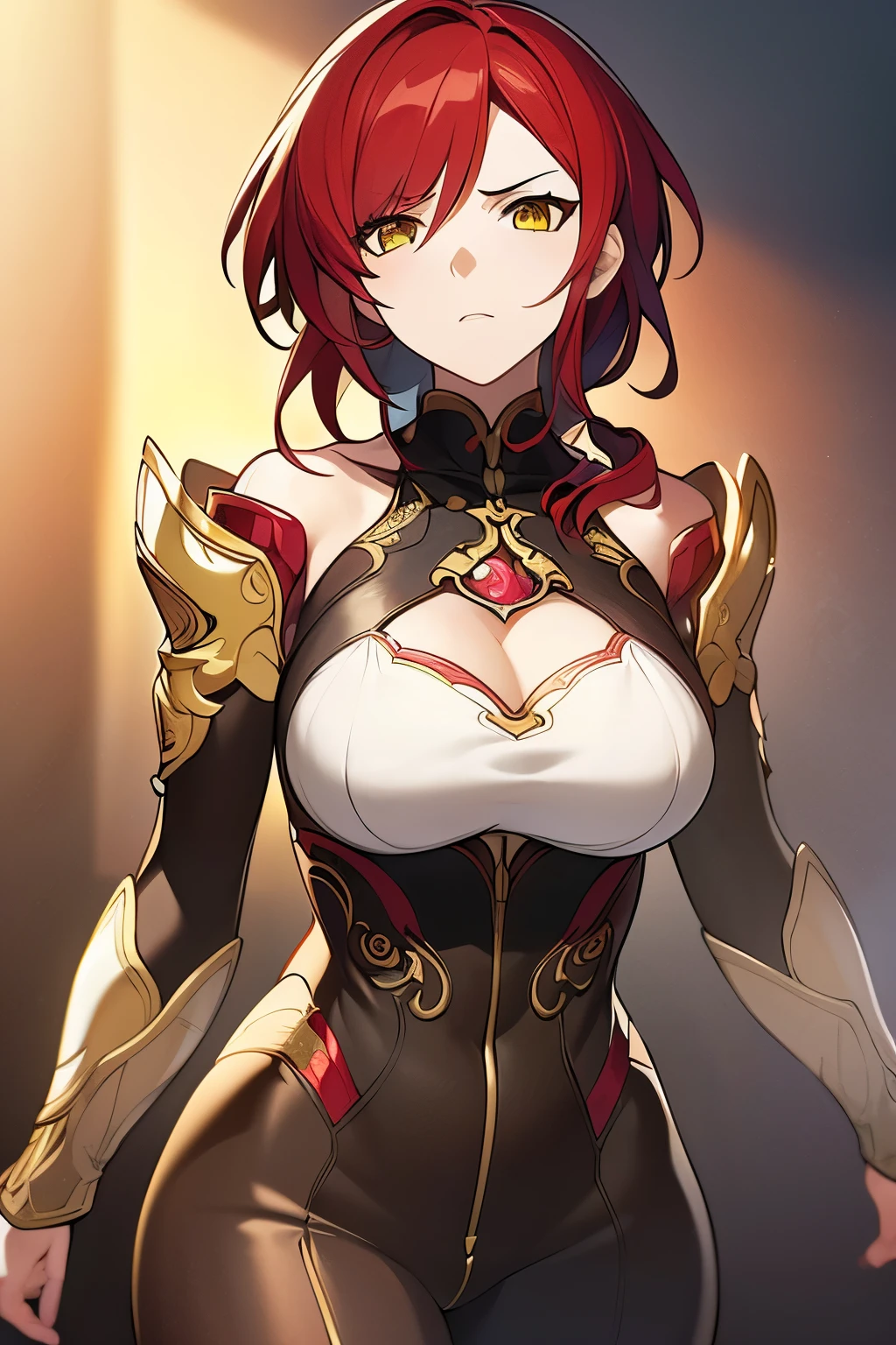 (masterpiece), best quality, expressive eyes, perfect face,Diluc_(genshin impact),red hair,wavy ponytail,cleavage,big breasts,magical girl,(red and black magical girl dress:1.3),detached sleeves,(frilled skirt:1.3),(black stockings),(thigh gap:1.5),bracelet,blush,smile,winery,barrels,fantasy background,studio lighting,standing,cowboy shot,looking at viewer, eyeshadows, eye liner,glistening eyes, hyper detailed eyes, intricate eyes, beautiful eye,red eyes,standing,seductive pose,victory pose,legs apart,V over eye,bangles,earrings