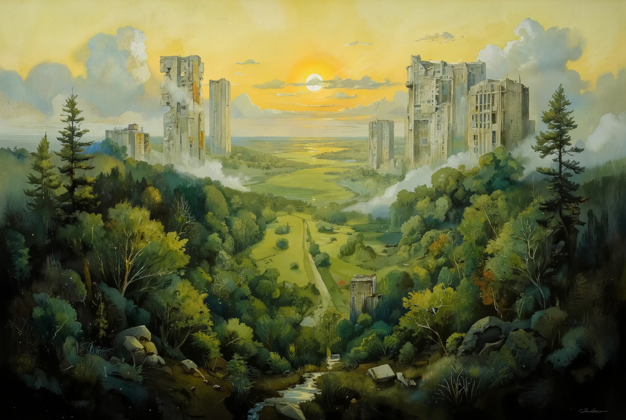 A hauntingly beautiful oil painting. In the foreground, a lush forest stretches towards the horizon, its verdant hues reminiscent of an endless green sea. Amidst this tranquil tapestry, colossal skyscrapers pierce the sky like jagged teeth from a bloody maw, their ruinous state a grim testament to humanity's fleeting reign. As golden hour sunlight bathes the scene, nature's dominance is palpable, a sense of peaceful triumph unfolding as the world reclaims its forgotten legacy.