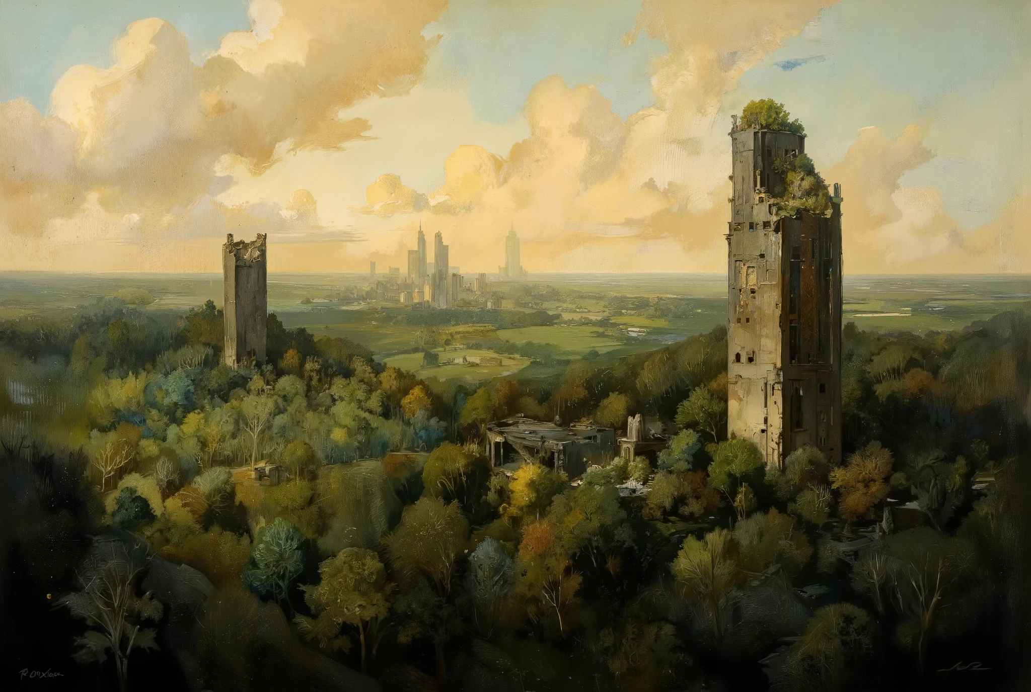 A hauntingly beautiful oil painting. In the foreground, a lush forest stretches towards the horizon, its verdant hues reminiscent of an endless green sea. Amidst this tranquil tapestry, colossal skyscrapers pierce the sky like jagged teeth from a bloody maw, their ruinous state a grim testament to humanity's fleeting reign. As golden hour sunlight bathes the scene, nature's dominance is palpable, a sense of peaceful triumph unfolding as the world reclaims its forgotten legacy.