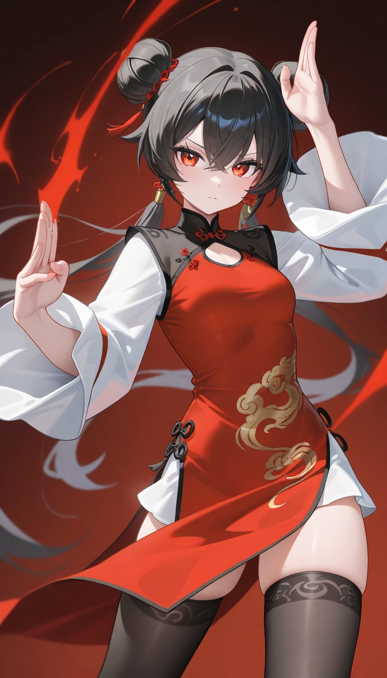 Hu tao - genshin impact - girl with pigtails - and Chinese funeral home outfit - brown hair - red eyes - fire powers 