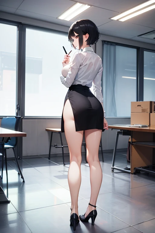 masterpiece, best quality, high definition images, atmospheric perspective, expressive eyes, perfect face, ultra detailed, solo, 1mature seductive woman sticking butt, alluring pose, female teacher, bending over, back view, black short bob hair, simple glasses, business suit, blouse, pencil skirt, tight mini skirt, spread legs, panties, curvy, thighs, pantyhose, high heals, from below, in study room,