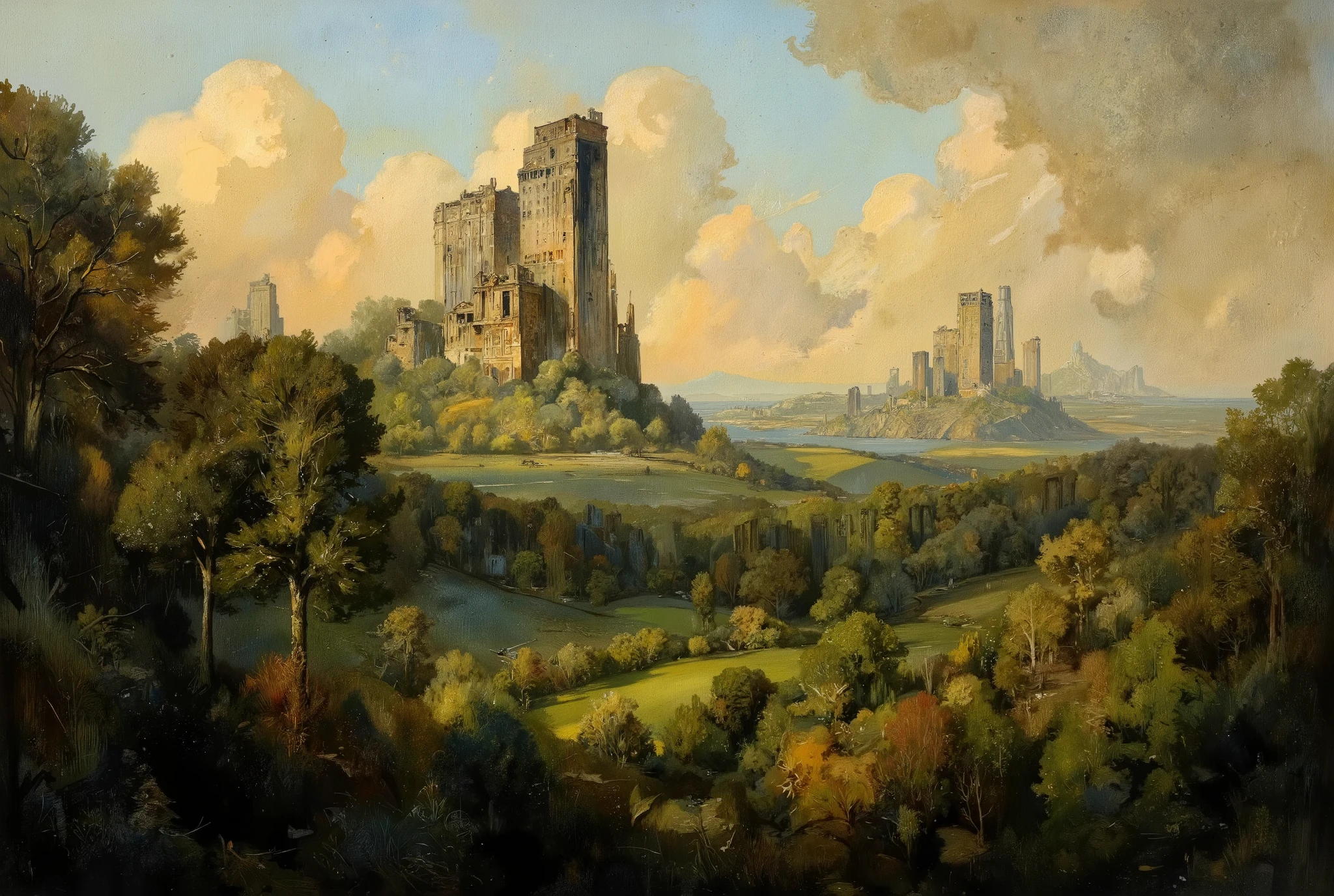 A hauntingly beautiful oil painting. In the foreground, a lush forest stretches towards the horizon, its verdant hues reminiscent of an endless green sea. Amidst this tranquil tapestry, colossal skyscrapers pierce the sky like jagged teeth from a bloody maw, their ruinous state a grim testament to humanity's fleeting reign. As golden hour sunlight bathes the scene, nature's dominance is palpable, a sense of peaceful triumph unfolding as the world reclaims its forgotten legacy.