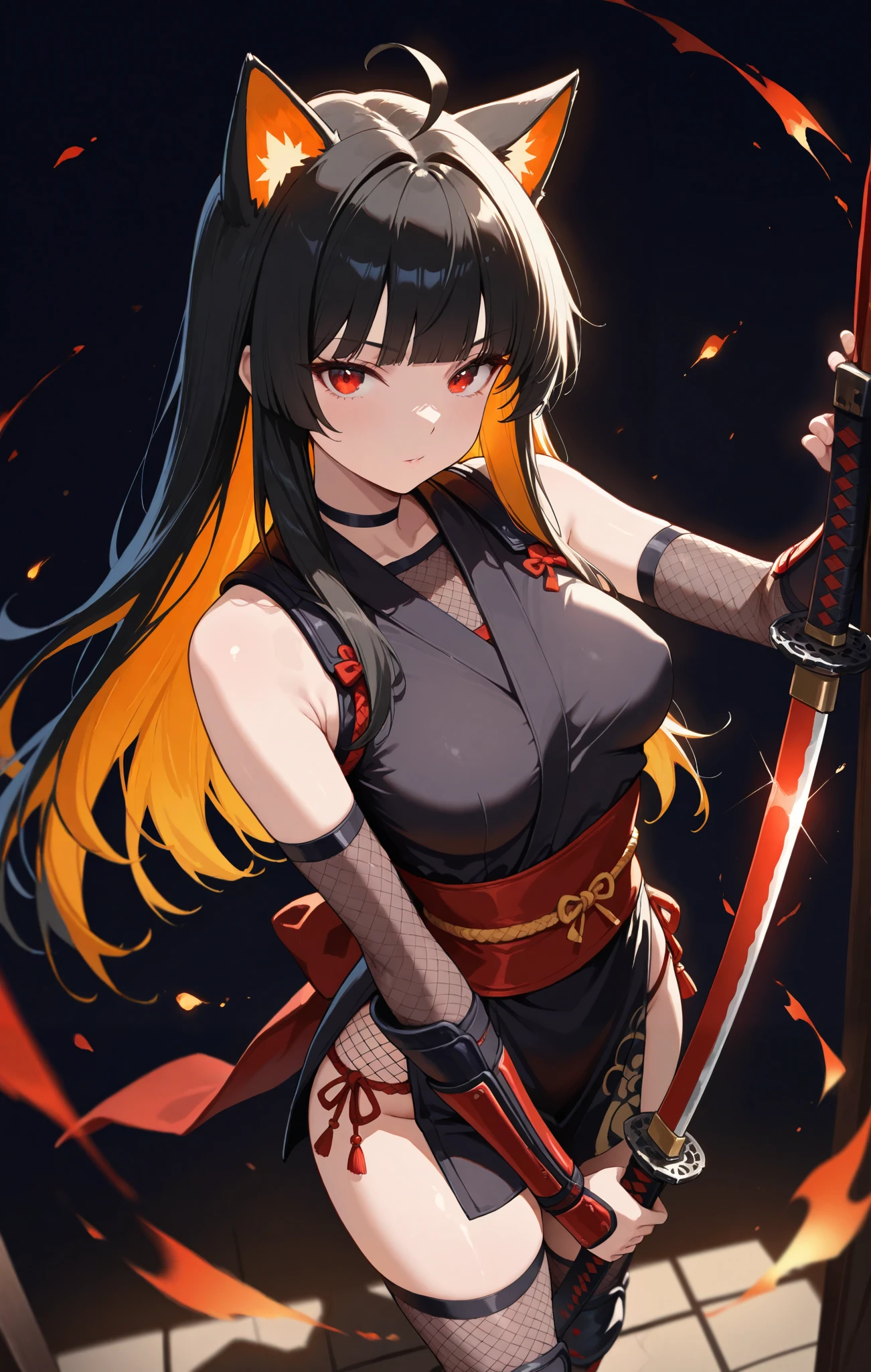 masterpiece, best quality, good quality, very aesthetic, absurdres, newest, 8K, depth of field, focused subject, in the style of cknc, artist:moriimee, in the style of cksc, BREAK side portrait of stunning Chinese ninja woman, long bioluminescent, , cat ears, red eyes, long hair, black hair, (Ahoge), straight bangs,, bare shoulders, glowing hair, bangs, sidelocks, medium perky breasts , ninja outfit, fishnets, holding a katana in a battle-ready stance, dynamic pose, sexy, seductive, dark background, silhouetted, directional lighting, viewed from above