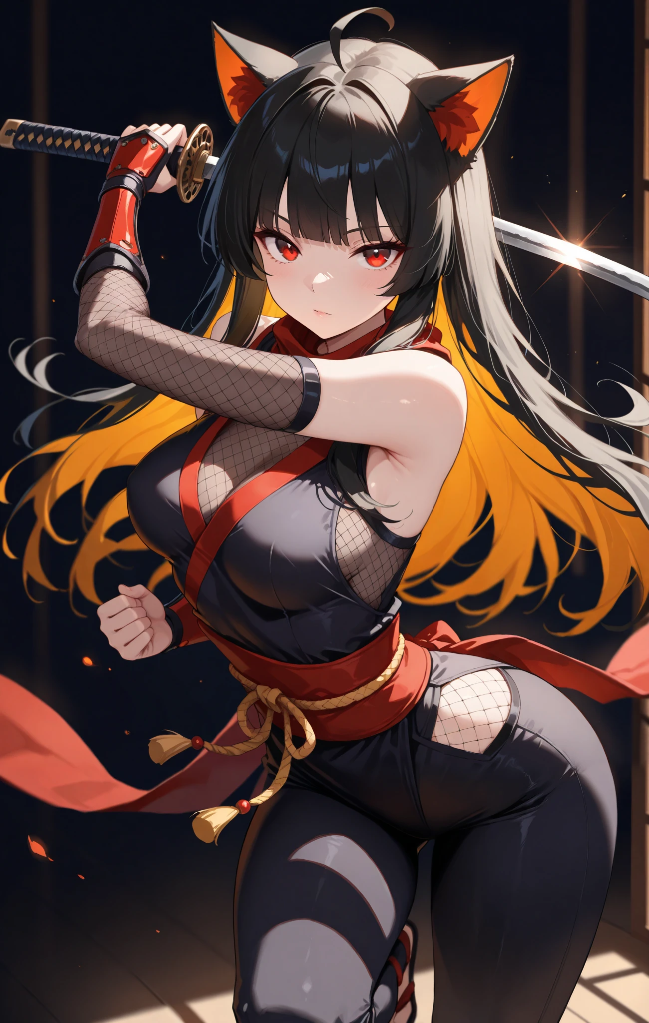 masterpiece, best quality, good quality, very aesthetic, absurdres, newest, 8K, depth of field, focused subject, in the style of cknc, artist:moriimee, in the style of cksc, BREAK side portrait of stunning Chinese ninja woman, long bioluminescent, , cat ears, red eyes, long hair, black hair, (Ahoge), straight bangs,, bare shoulders, glowing hair, bangs, sidelocks, medium perky breasts , ninja outfit, fishnets, holding a katana in a battle-ready stance, dynamic pose, sexy, seductive, dark background, silhouetted, directional lighting, viewed from above