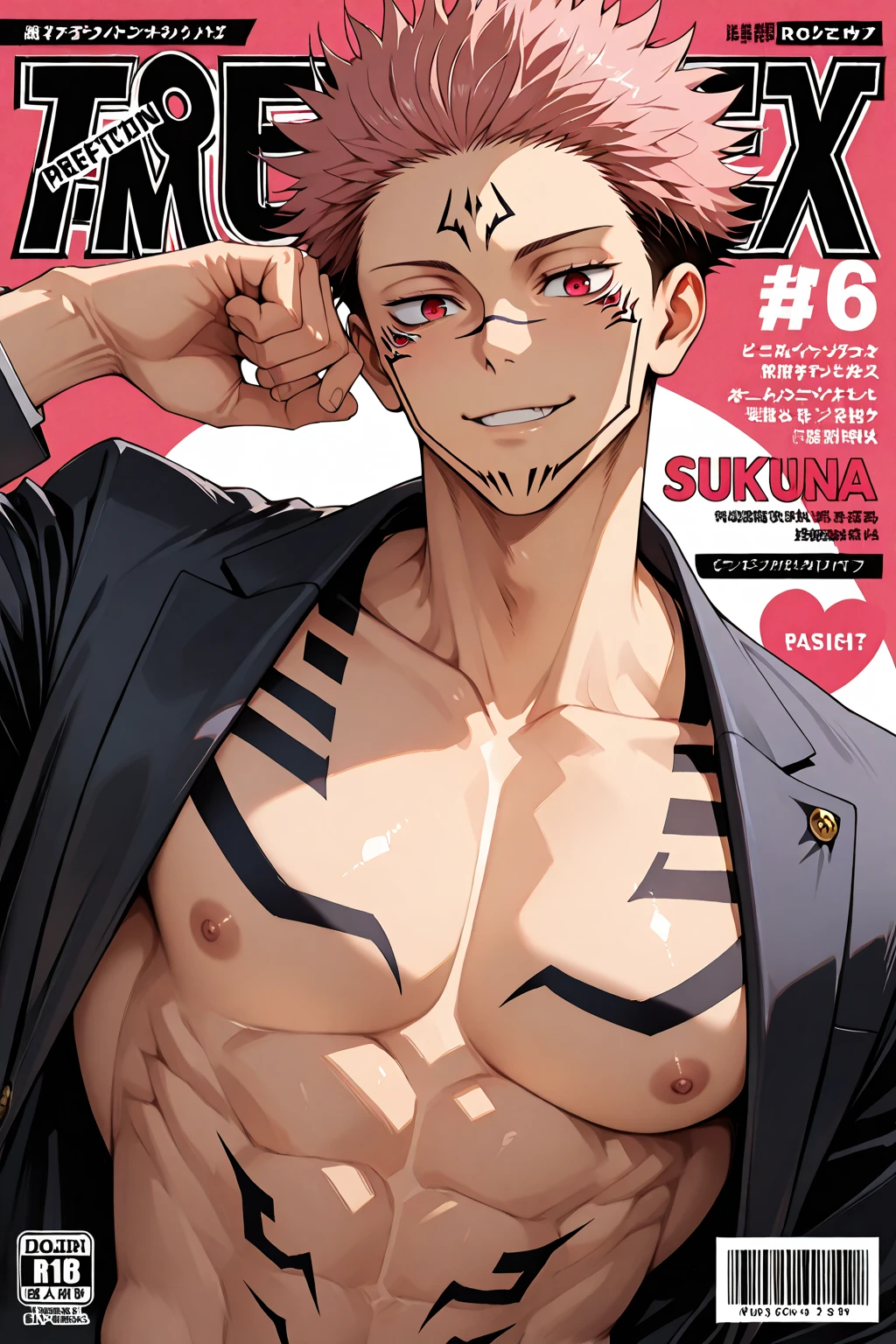 A naked male robot modeled after Muzan Kibutsuji is clutching his chest and vigorously ejaculating from it.、Exposing the CPU in your head、It is about to short out due to thermal runaway.、He walks towards me while ejaculating from his penis.、Rolling their eyes、Sticking out tongue、Ecstatic face