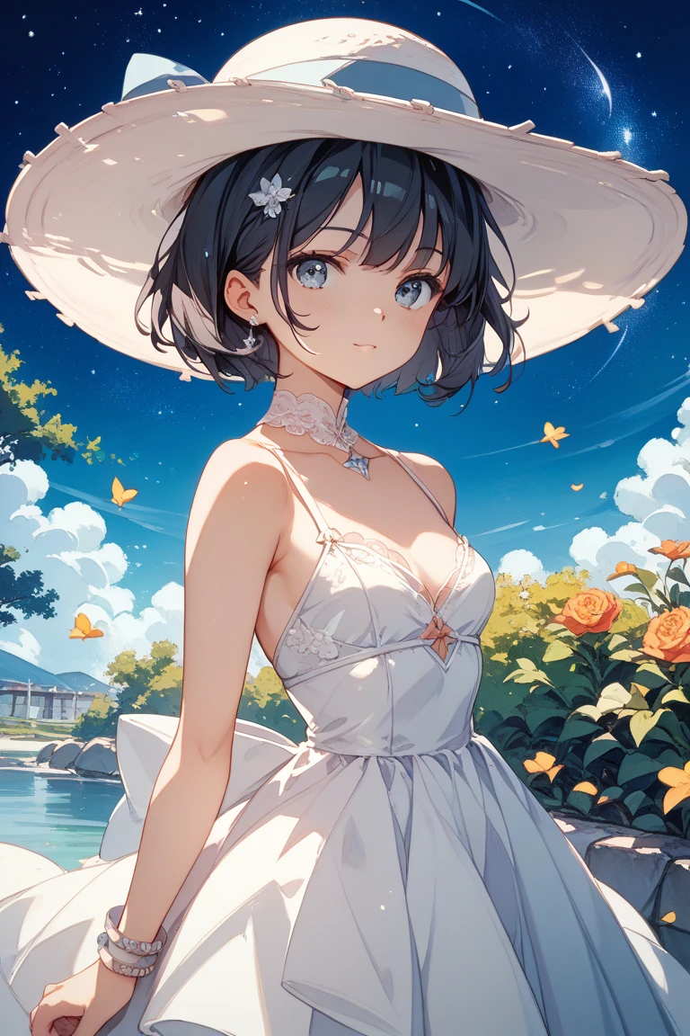 1girl, short hair, bangs, blue eyes (gorgeous face), perfect body (dynamic angle)), standing, masterpiece (best quality), highest quality (highly detailed), hair ribbon, ribbon, beautiful (intricate details), absurdres (1girl), white dress, flower field, sun hat, ((underneath)), landscape, blue hair, blue bow, small breasts, arms behind back, <lora:miouxd-09:0.3>, <lora:GoodHands-vanilla:0.8>,