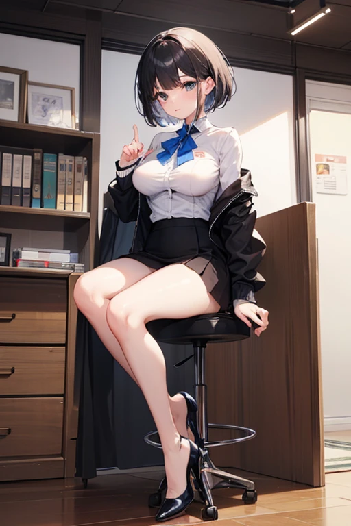 (Satori toho character:1.1), (solo), (standing), (stained glass), BREAK, short hair, (huge perky breasts), bursting breasts, (inconceivably thin waist:1.2), (very long legs), BREAK, (black blazer:1.3), (black thighhighs:1.35), (very short black high-waist skirt:1.3) cinches waist too tight, (highheels), BREAK, nose blush, sad smile, open mouth, BREAK, masterpiece, ultra-detailed, full body