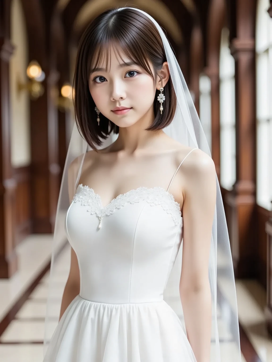 8k, Ultra-high resolution, Highest quality, masterpiece, 三分割法によるphotograph,Surreal, photograph, 1 Girl, (16 years old:1.3), pretty girl, Cute Face, Beautiful eyes in every detail, 細かくdetailedに,masterpiece,One Girl:1.2,Japan Female Teachers,full body,light smile,Black short hair,Bob with bangs,(印象派の美しい少女のPortraiture),(Impressionist light and colour), (White Wedding Dress:1.3),(Fairy, bride, Shiny Hair, Beautiful dark eyes, So cute and beautiful,16 years old, ), (smile:0.8),Sharp contours,Looking down, (Wedding Veil,White lace), ((Gothic cathedral)), (Stained Glass Windows:1), indoor, Light from above, Low contrast, (Side view),, Perfect and beautiful face ,完璧でCute Face, Skin with attention to detail, Perfect limbs、Narrow waist,Looking at the audience,(((Ideal body type))),A cup small breasts :2,Portraiture:2,Perfect Anatomy,鮮明なdetailed,detailed,Surreal,Light and shadow,glowing