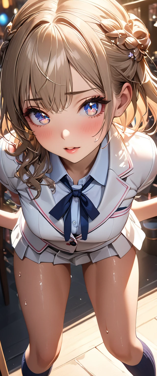 (dynamic angle),in the bathroom, Shower, splashing, rim light, beautiful lighting, strong light,pale Light orange Hair, long hair, twintails, hair ribbon, girl1, in the School classroom, (upper body), completely nude, (small nipples:1.2), (small areolas:1.2), kawaii, cute, pale purple eyes,(shy), (blush),(surprised),(dewy),