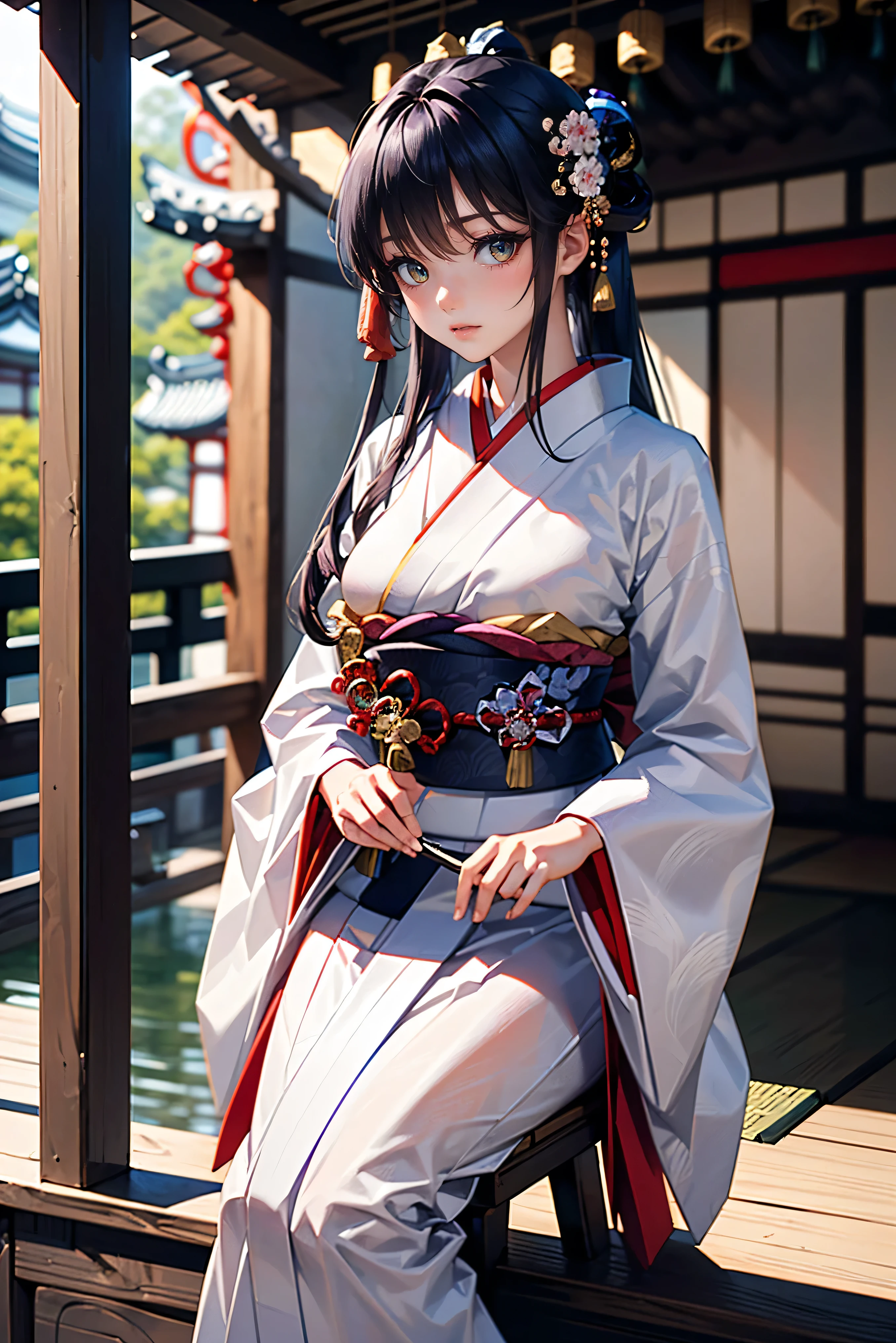 (masterpiece, highest quality: 1.2), 1 girl, 12 people, 1 person, long straight black hair, enjoying a fan, western ridge, wall, lattice, clothesline, hallway, Japanese garden, ((Heian period odd-eyed beauty)), ((heterochromia, red eyes, green eyes)), ((sparkling, narrow eyes)), ((long silver and purple hair, smooth hairstyle)), transparent, smooth white skin, shiny skin, small breasts, ((wearing 12 furisode kimonos by herself)), ((wearing traditional Japanese furisode kimonos with layered collars)), wearing 12 kimonos by herself, anatomically accurate depiction, delicate depiction down to the fingertips, cinematic straight eyes