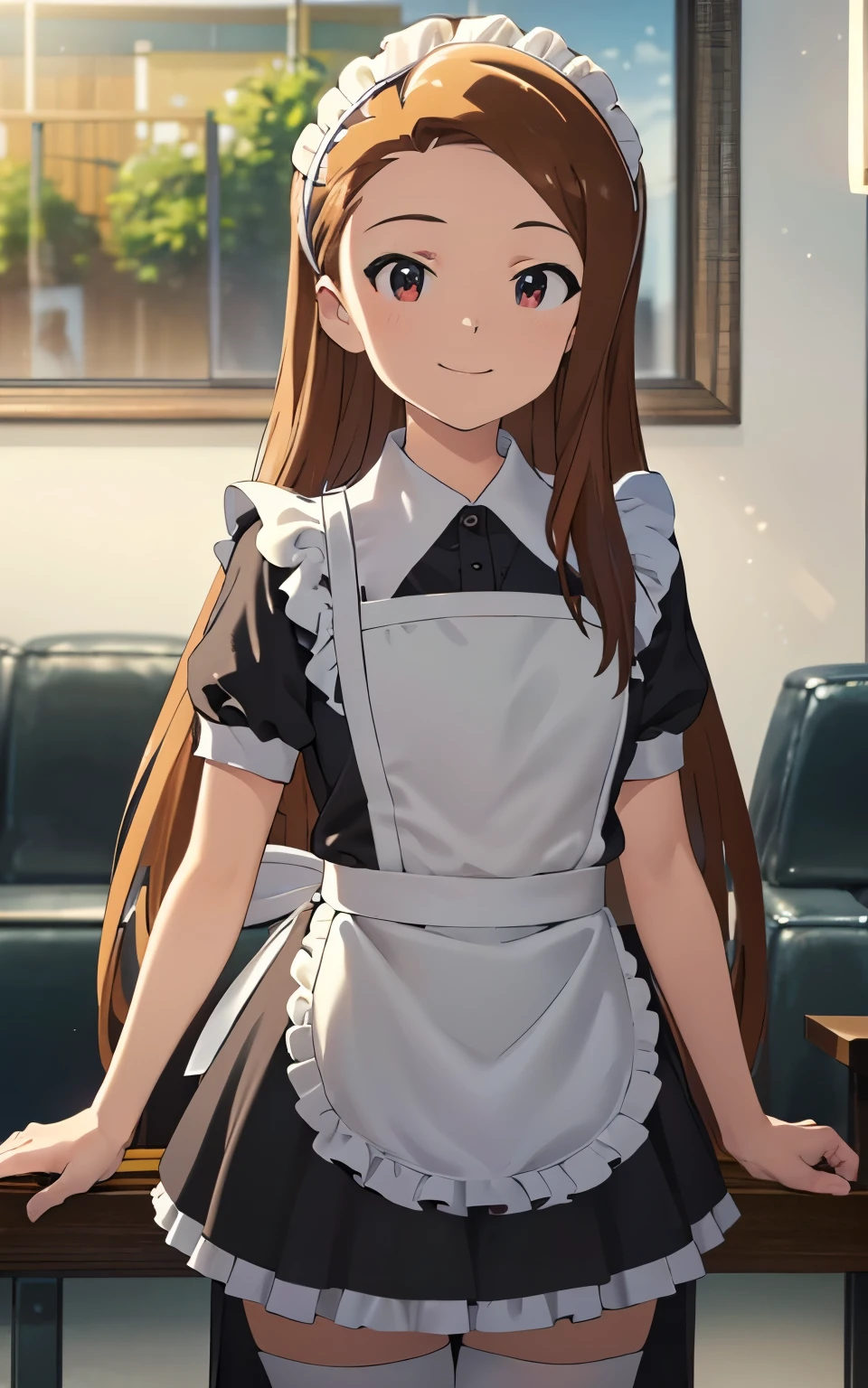 (best quality), (masterpiece), (High Resolution), (anime_style), beautiful girl, (mini-skirt maid, (Ultra mini skirt), maid cafe, cowboy shot, Dazzling Smile、