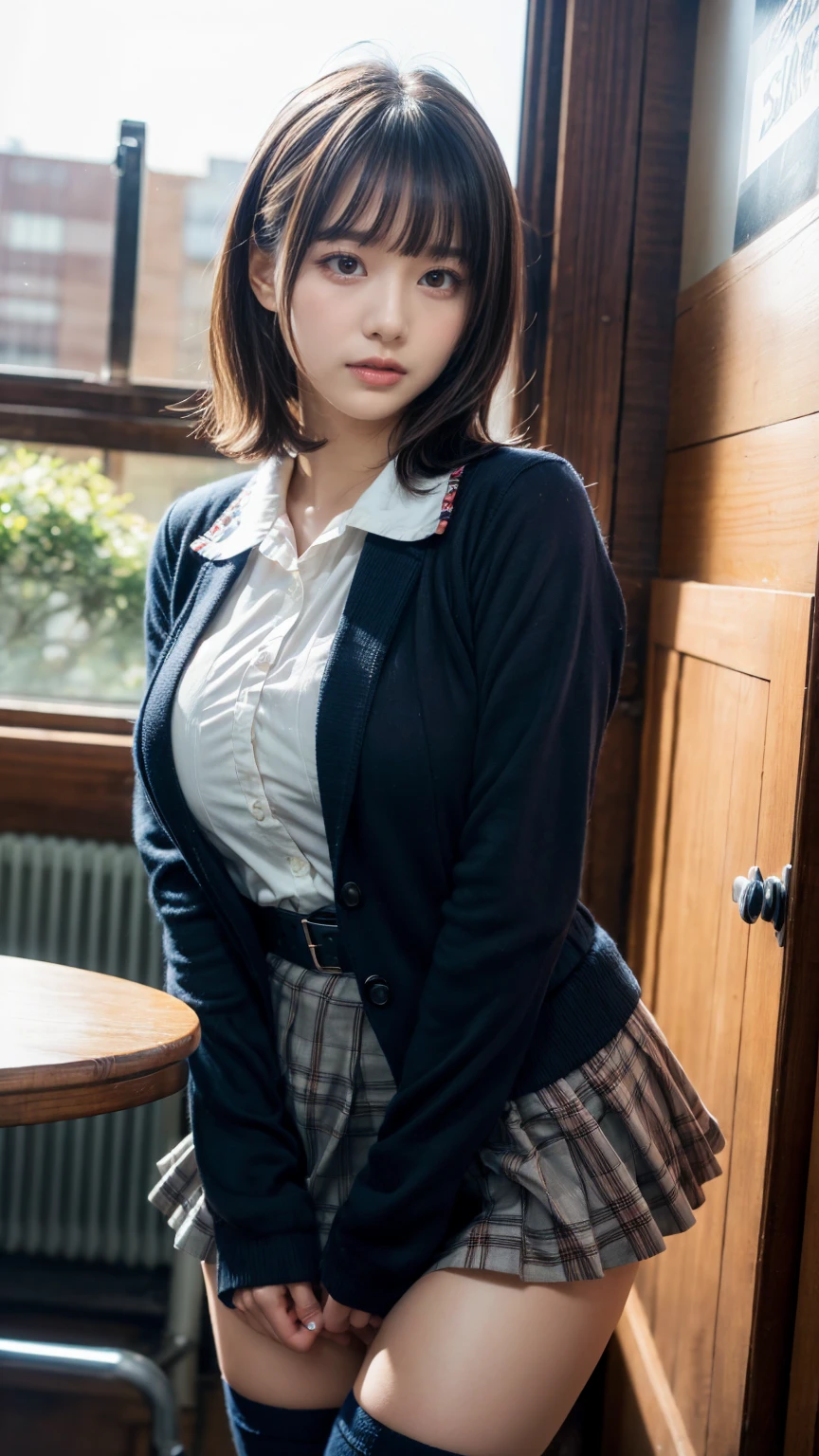 (tied arms, turn your arms behind your back, rope, tied legs:1.2), squat, High resolution, highest quality, figure, Super detailed, (detailed face), (fine eyes), soft lighting, highest quality, very detailed, masterpiece, looking at the viewer, anger, open your mouth, 1 girl, alone, short hair, brown hair, school uniform, skirt, (colorful), Shack, window, night,