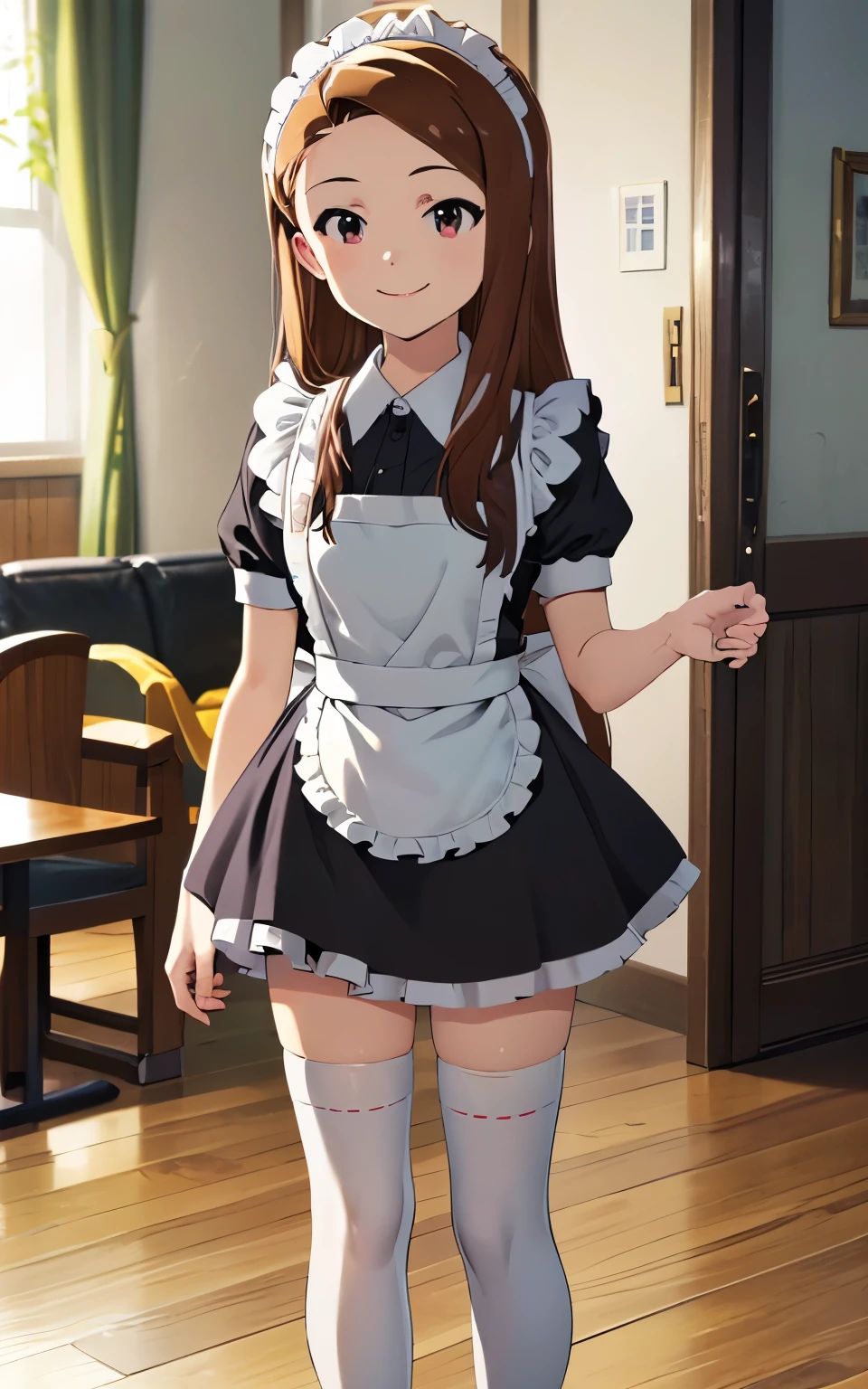   (best quality), (masterpiece), (High Resolution), (anime_style), beautiful girl, (mini-skirt maid, (Ultra mini skirt), (white thighhighs), maid cafe, cowboy shot, Dazzling Smile、