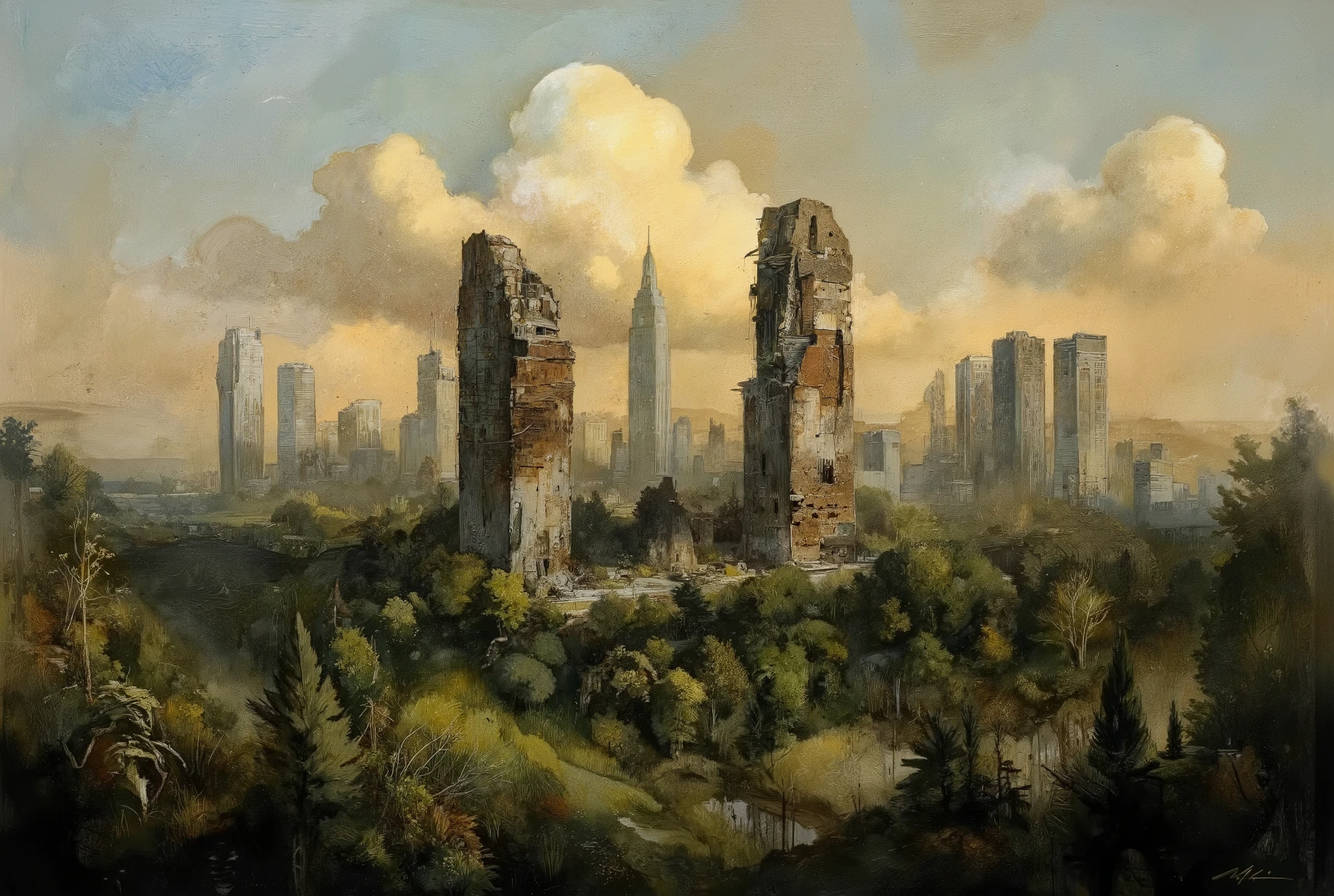 A hauntingly beautiful oil painting. In the foreground, a lush forest stretches towards the horizon, its verdant hues reminiscent of an endless green sea. Amidst this tranquil tapestry, colossal skyscrapers pierce the sky like jagged teeth from a bloody maw, their ruinous state a grim testament to humanity's fleeting reign. As golden hour sunlight bathes the scene, nature's dominance is palpable, a sense of peaceful triumph unfolding as the world reclaims its forgotten legacy.