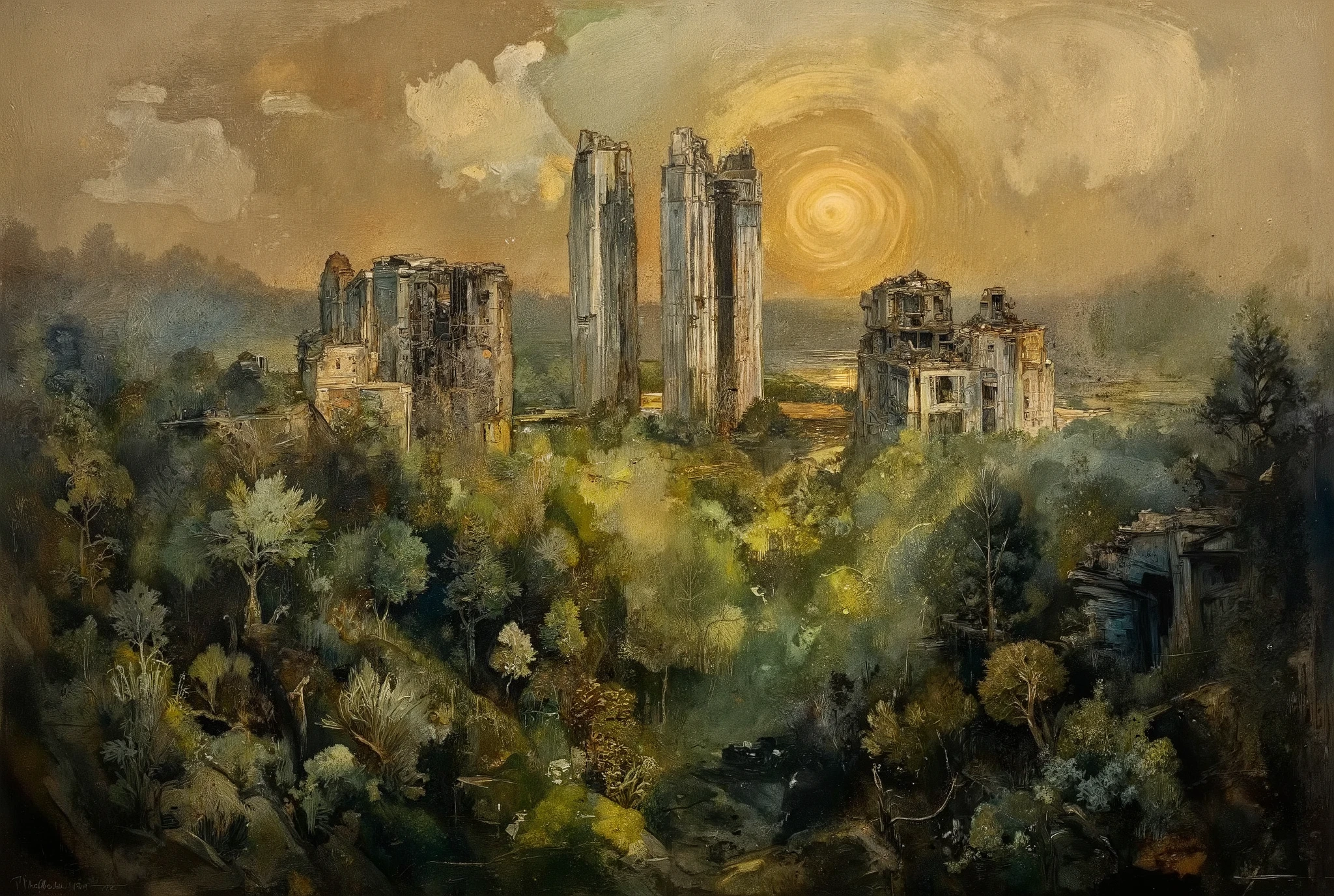 A hauntingly beautiful oil painting. In the foreground, a lush forest stretches towards the horizon, its verdant hues reminiscent of an endless green sea. Amidst this tranquil tapestry, colossal skyscrapers pierce the sky like jagged teeth from a bloody maw, their ruinous state a grim testament to humanity's fleeting reign. As golden hour sunlight bathes the scene, nature's dominance is palpable, a sense of peaceful triumph unfolding as the world reclaims its forgotten legacy.