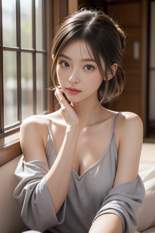(One Girl), Very cute face, Great face and eyes, (Highly detailed eyes, Highly detailed face), Fresh, Very beautiful appearance, (Ultra-realistic, High resolution), (Highest quality:1.4), RAW Photos, (Realistic, Photorealistic:1.37), Professional photography, (Cleavage:1.2), (Exposing shoulders), smile, (Look at me), Bedroom, Portrait of a Girl,short hair,Black clothes,Tanuki face,T-Shirts
