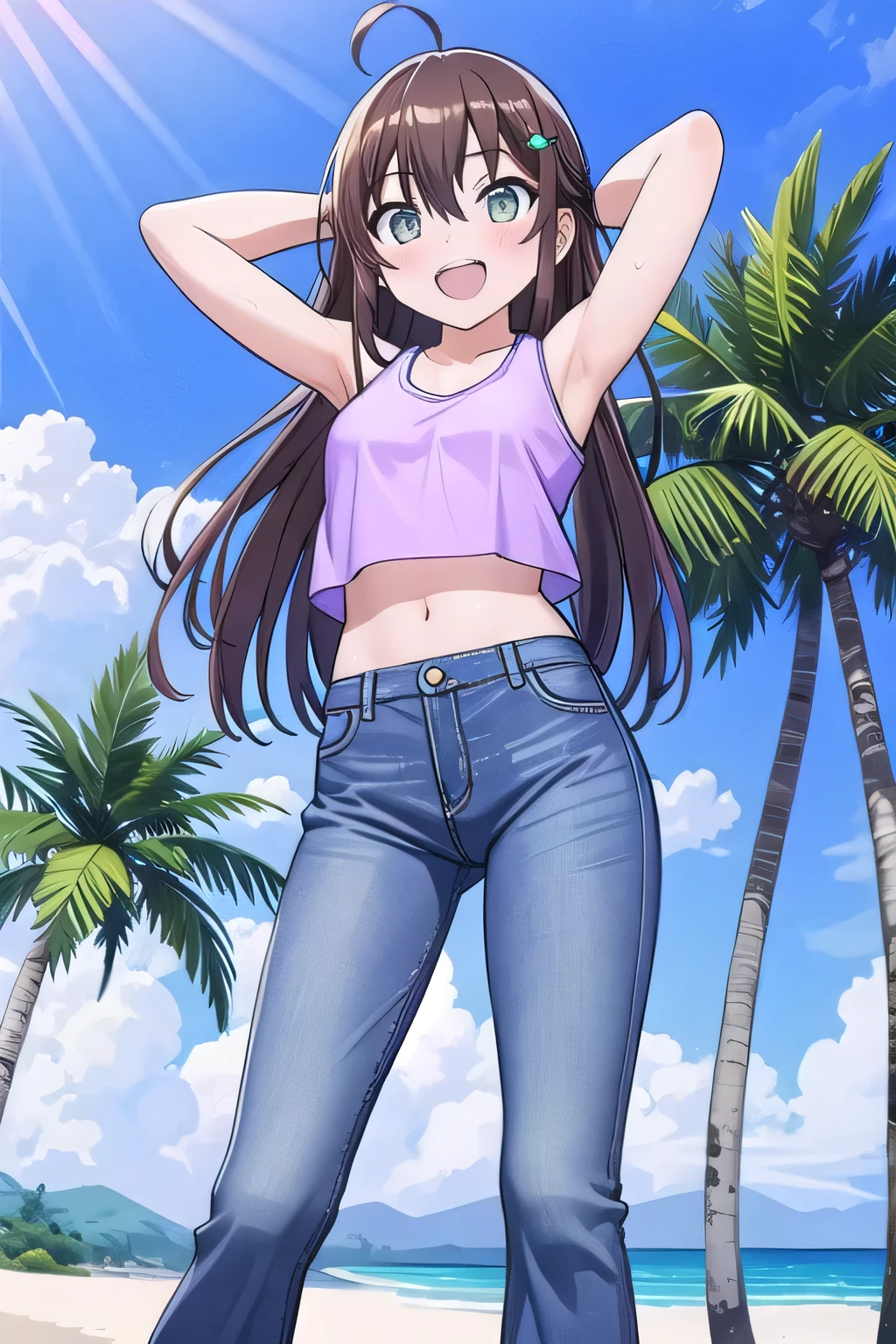 masterpiece, best quality, ultra detail, ((Perfect Face, perfect eyes, perfect hair, perfect arm)), 1girl, 14yo, petite, ((round face, , , drooping eyes, shame smiling, blush)), dropping eyes, sleepy, Open mouth, ((White teeth)), background((under the beach, (day:1.2), palm tree, bright sky)), miku hatsune, ahoge, (green eyes:1.4), (dark brown hair:1.7), crossed bangs, hair between eyes, hair ornament, (long hair:1.4), (straight hair:1.7), ((arms behind head, hands behind head, fingers behind head)), ((contrapposto)), spread armpits, looking at viewer, (light purple tank top:1.7), (light purple crop top:1.7), (jeans pants:1.2, flares jeans:1.2, skinny jeans:1.2, blue jeans:1.2), standing, (legs spread:1.4), pose, Sweaty , Steam from the , from below, whole body