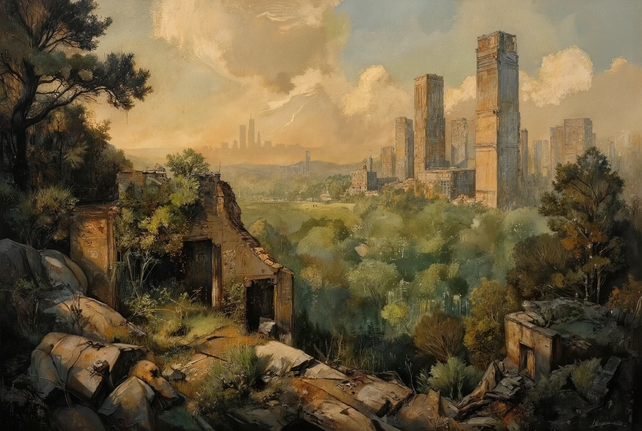 A hauntingly beautiful oil painting. In the foreground, a lush forest stretches towards the horizon, its verdant hues reminiscent of an endless green sea. Amidst this tranquil tapestry, colossal skyscrapers pierce the sky like jagged teeth from a bloody maw, their ruinous state a grim testament to humanity's fleeting reign. As golden hour sunlight bathes the scene, nature's dominance is palpable, a sense of peaceful triumph unfolding as the world reclaims its forgotten legacy.