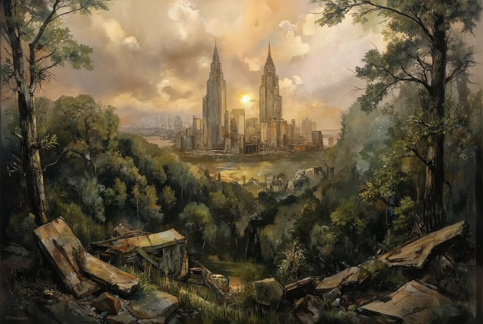 A hauntingly beautiful oil painting. In the foreground, a lush forest stretches towards the horizon, its verdant hues reminiscent of an endless green sea. Amidst this tranquil tapestry, colossal skyscrapers pierce the sky like jagged teeth from a bloody maw, their ruinous state a grim testament to humanity's fleeting reign. As golden hour sunlight bathes the scene, nature's dominance is palpable, a sense of peaceful triumph unfolding as the world reclaims its forgotten legacy.