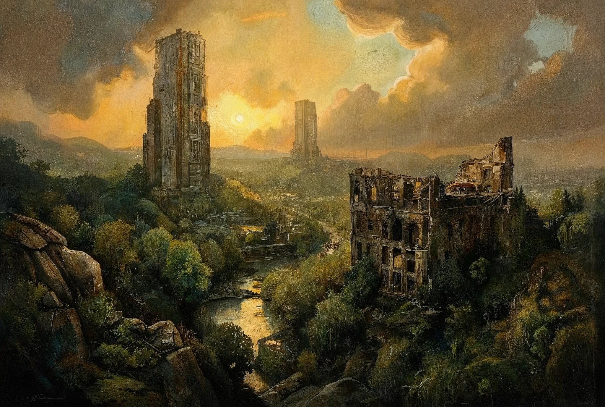 A hauntingly beautiful oil painting. In the foreground, a lush forest stretches towards the horizon, its verdant hues reminiscent of an endless green sea. Amidst this tranquil tapestry, colossal skyscrapers pierce the sky like jagged teeth from a bloody maw, their ruinous state a grim testament to humanity's fleeting reign. As golden hour sunlight bathes the scene, nature's dominance is palpable, a sense of peaceful triumph unfolding as the world reclaims its forgotten legacy.