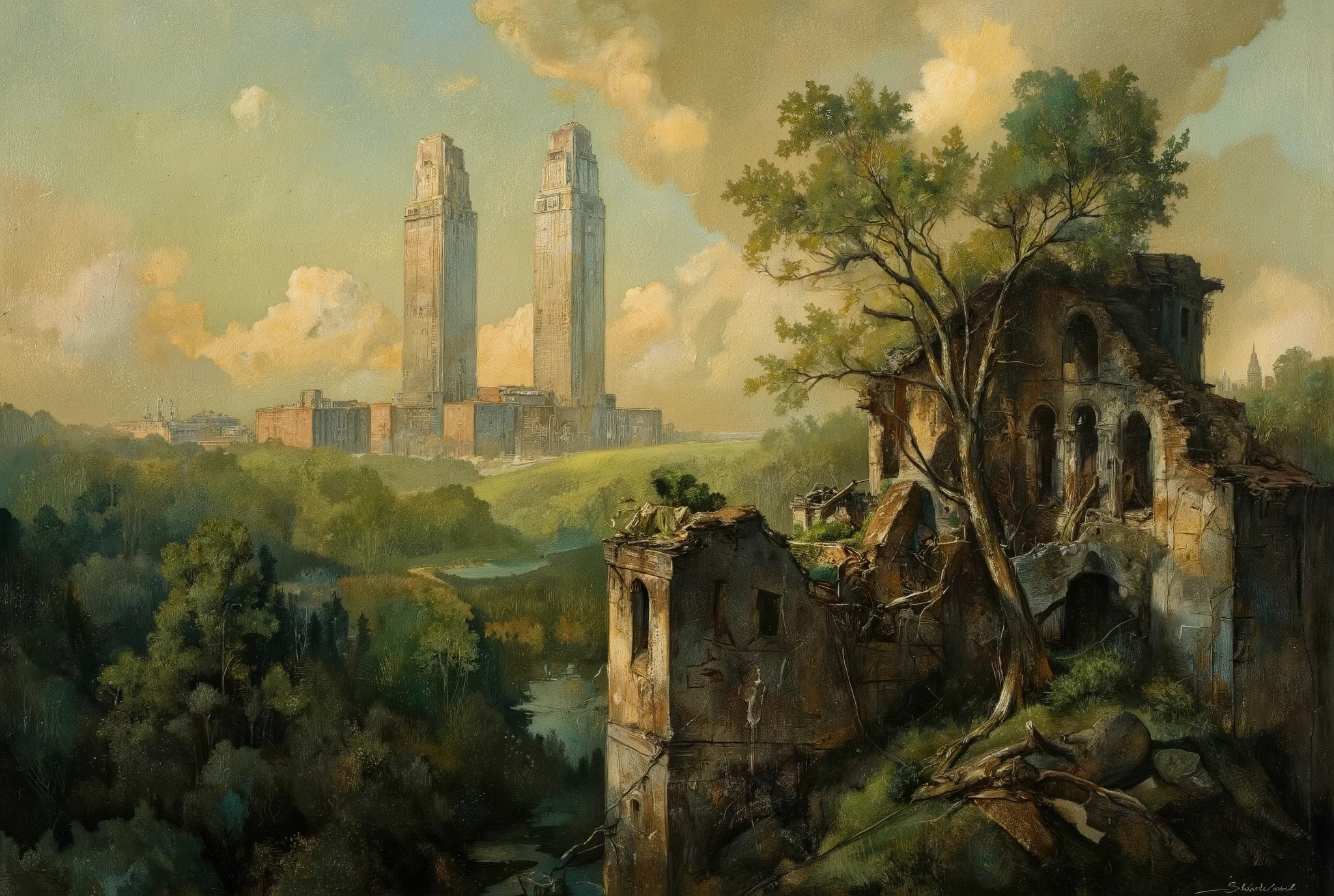 A hauntingly beautiful oil painting. In the foreground, a lush forest stretches towards the horizon, its verdant hues reminiscent of an endless green sea. Amidst this tranquil tapestry, colossal skyscrapers pierce the sky like jagged teeth from a bloody maw, their ruinous state a grim testament to humanity's fleeting reign. As golden hour sunlight bathes the scene, nature's dominance is palpable, a sense of peaceful triumph unfolding as the world reclaims its forgotten legacy.
