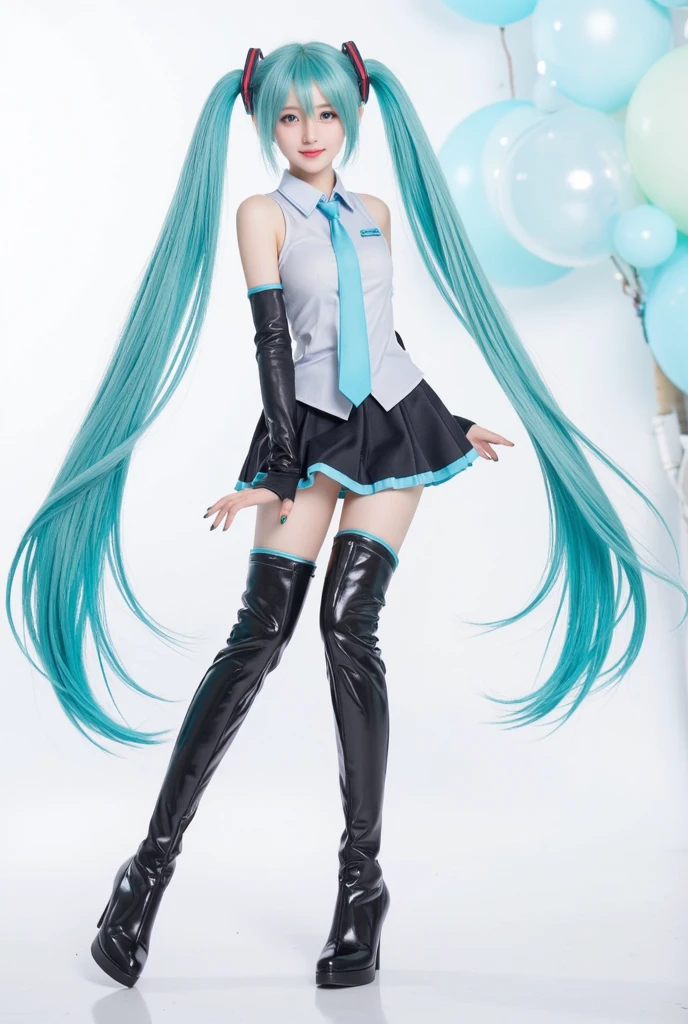 Hatsune Miku, happy, smile, mouth open, singing, dancing, highest quality, high resolution. Intricate Details,Top Quality, Chromatic Aberration, 1girl, Solo, wet Skirt, Hatsune Miku, Long Hair, Thighs, Twin Tails, Detached Sleeves, Tie, Thigh Boots, Boots, Sleeveless, Headset, Aqua Eyes, Pleated Skirt, Aqua Hair, Full Body, Sleeveless Shirt, Simple Background, Very Long Hair, White background, black footwear, black thighs, hair ornament