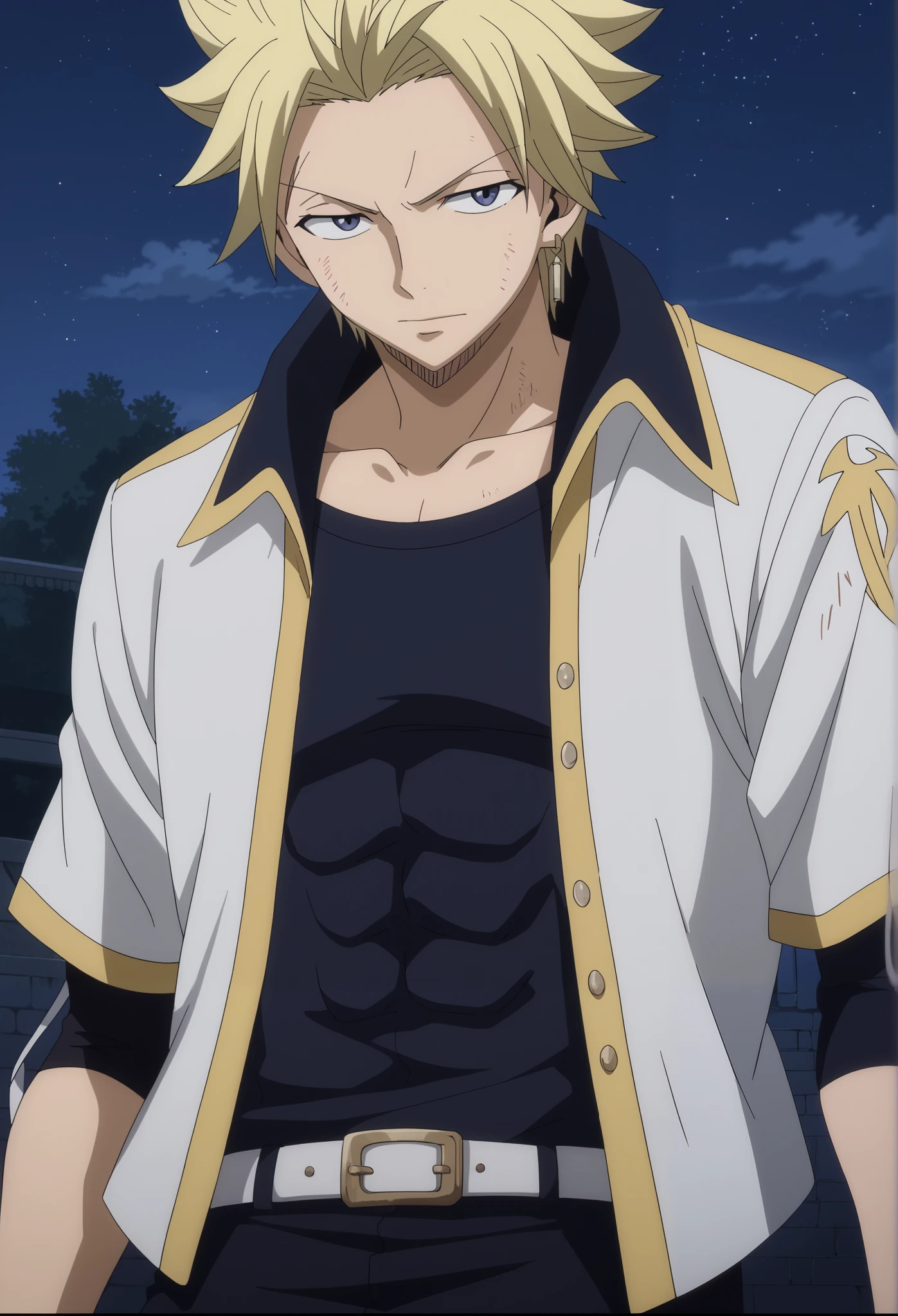 front view, Frontal portrait, Medium close-up, looking at viewer, score_9, score_8_up, score_7_up, source_anime, StingFT, Sting blonde hair, light yellow Sting, 1boy, male focus, anime screencap, a white men's jacket, which fits his athletic figure. Underneath, he wears a black long sleeved T-shirt. His pants are dark and tight fitting, and he completes the look with white fingerless gloves that add a modern touch. He also usually wears a belt with a decorative buckle, dark night sky background with soft shadows, soft blue lighting highlighting his features, high-quality anime details, vivid colors