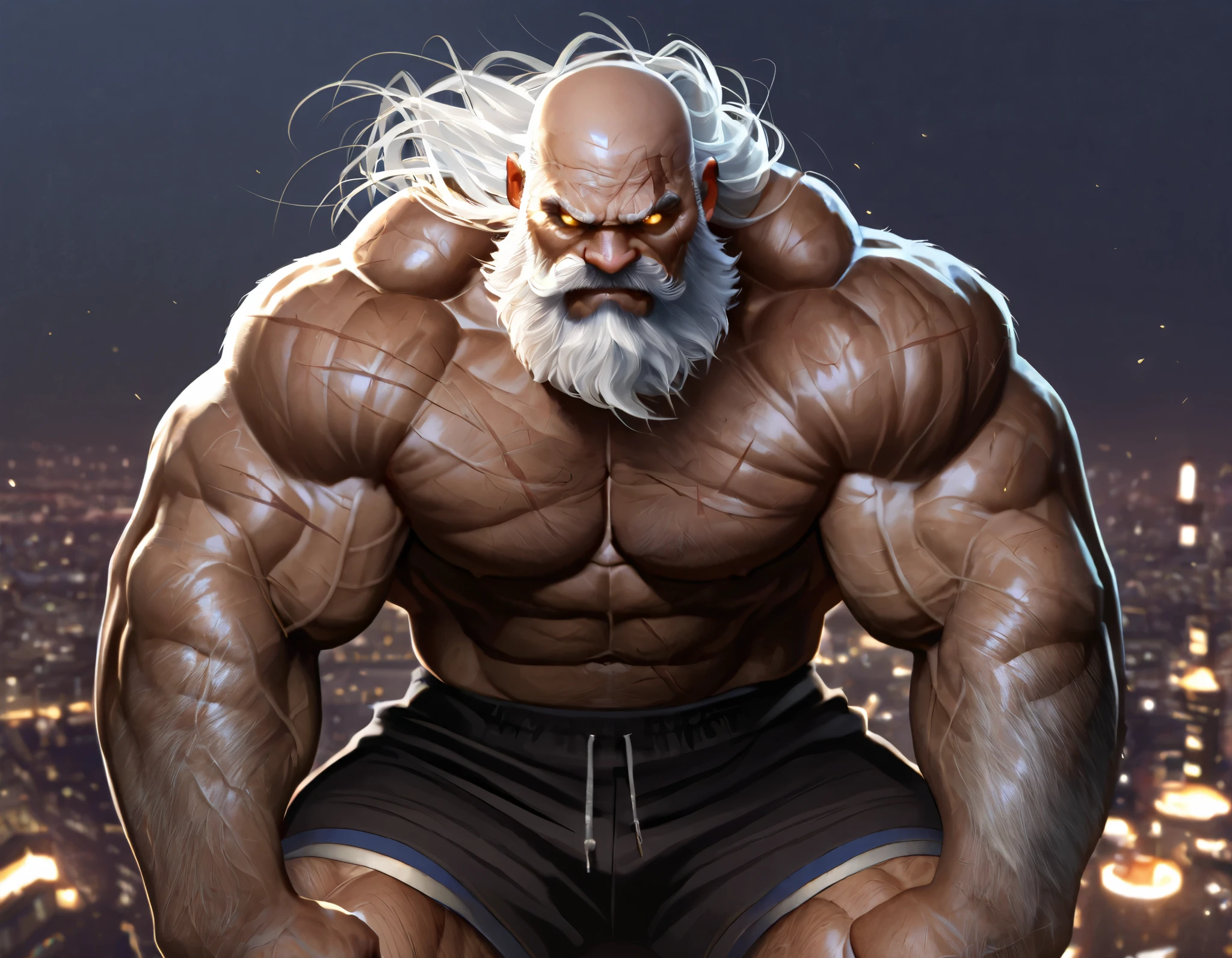 Hyperrealistic image of a male ingres bather surrounded by other superhero men with grey afro hair and very long hair, very old and very sweaty bodybuilder over 80 years old..very muscular and fat, He weighs more than 200 kilos with a naked torso., large and flaccid pectorals, Brown nipples and a big grey moustache sitting on the edge of a marble pool in a Roman baths dressed in white linen loincloths 