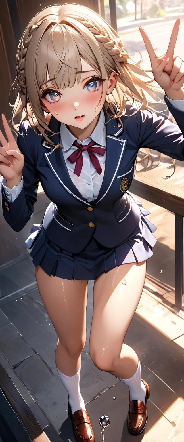 (Highest quality:1.2, Very detailed, Attention to detail, digital coloring, High Contrast, masterpiece:1.2, Highest quality, Best aesthetics), ((1 girl)), Black Hair, Straight Long Hair, Reddish brown eyes, Earrings, Collared shirt, Blue tie, smile, blush, JK, School uniforms, Friendly atmosphere, Beautiful illustrations, (((Low angle shot from below:1.6, Spanning the audience:1.2))), blue sky, Light, One Girl, Beautiful and well-defined legs and thighs, Highest quality, close, Super fine,